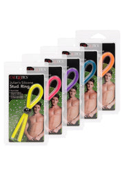 Anneaux péniens CalExotics Julian's en silicone, disponibles en plusieurs couleurs. Accessoires intimes pour hommes.; CalExotics Julian's siliconen penisringen, verkrijgbaar in diverse kleuren. Intieme accessoires voor mannen.; CalExotics Julian's Silicone Stud Rings, available in multiple colors. Intimate accessories for men.