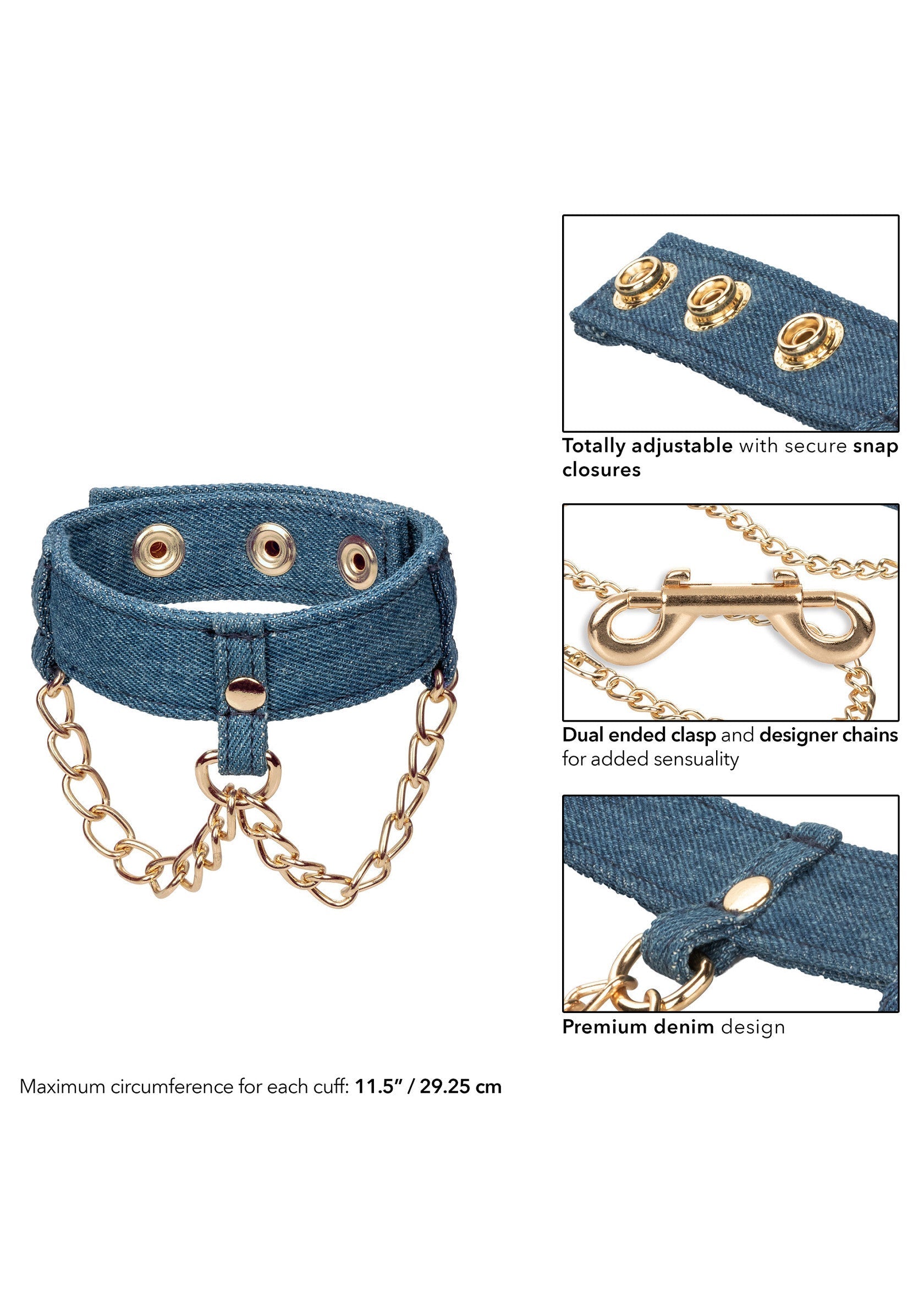 Collier ras du cou en jean avec chaînes dorées, réglable. Accessoire de mode original et sensuel.; Denim choker met gouden kettingen, verstelbaar. Een uniek en sensueel modeaccessoire.; Denim choker necklace with gold chains, adjustable. A unique and sensual fashion accessory.