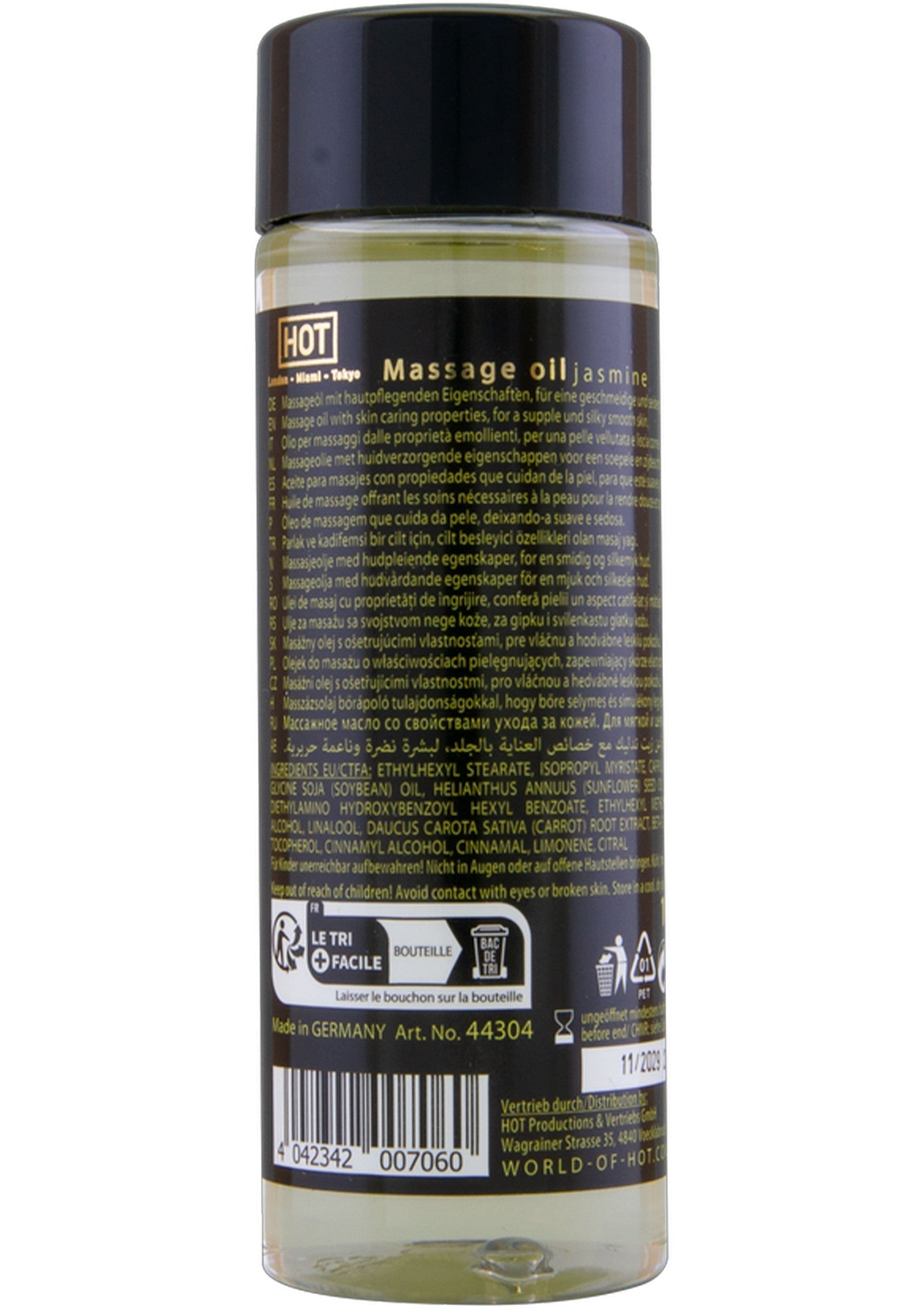 Huile de massage HOT au jasmin pour une peau douce et souple. Fabrication allemande.; HOT massageolie jasmijn voor een zachte en soepele huid. Gemaakt in Duitsland.; HOT jasmine massage oil for soft, supple skin. Made in Germany. 