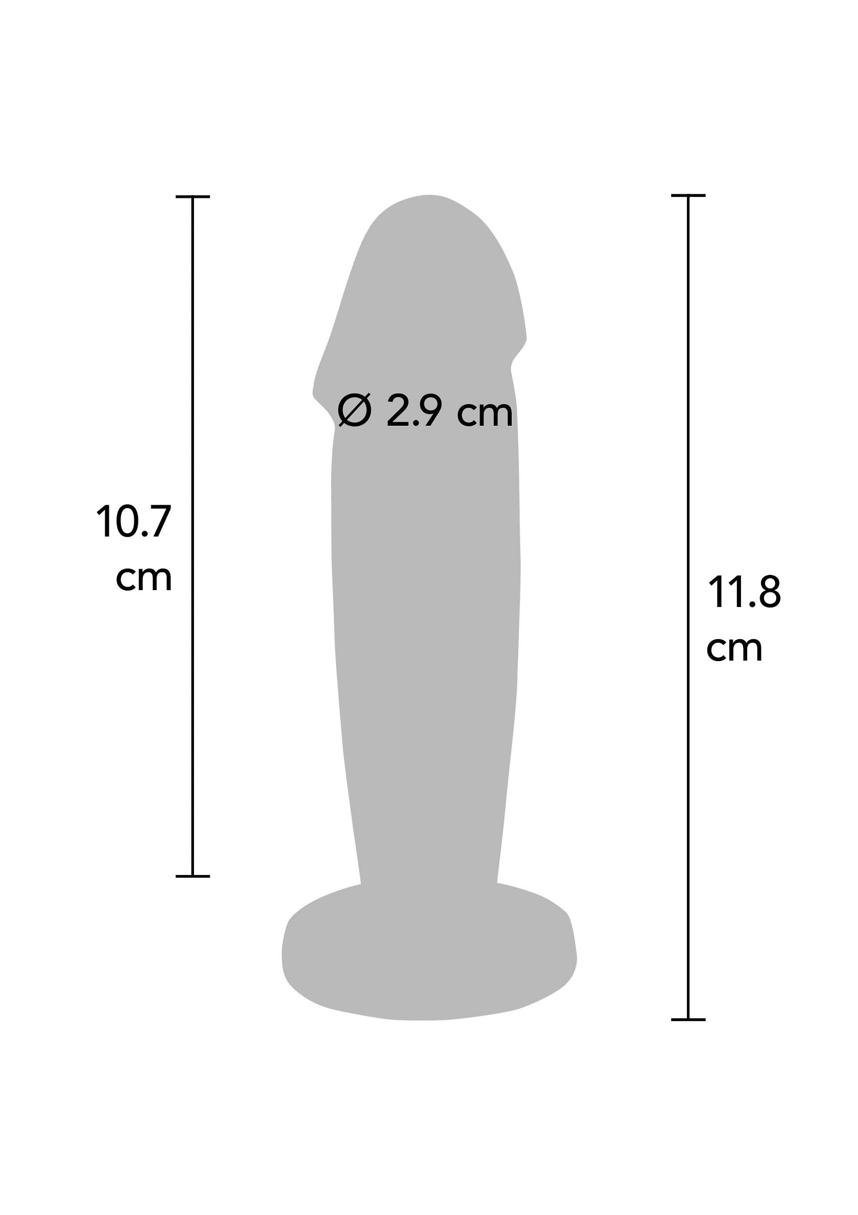 Dimensions d'un gode en silicone : hauteur 11.8cm, diamètre 2.9cm.; Afmetingen van een siliconen dildo: hoogte 11.8cm, diameter 2.9cm.; Silicone dildo dimensions: height 11.8cm, diameter 2.9cm.