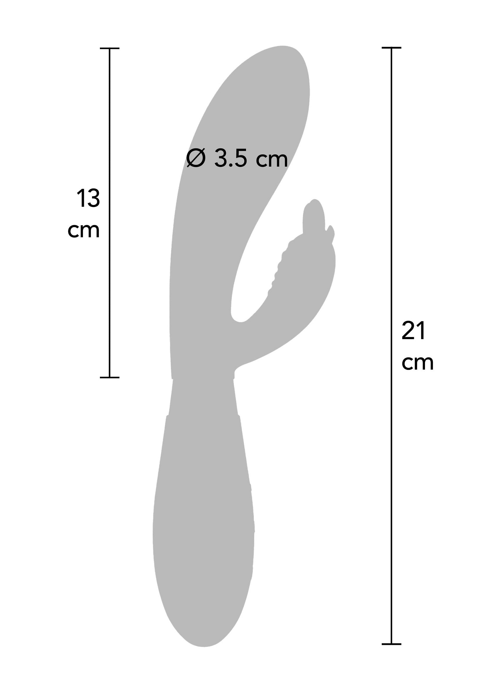 Schéma dimensions d'un vibromasseur rose : 21 cm hauteur, 13 cm de large et 3,5 cm de diamètre.; Afmetingen schema van een roze vibrator: 21 cm hoog, 13 cm breed en 3,5 cm diameter.; Dimensions diagram of a pink vibrator: 21 cm height, 13 cm wide and 3.5 cm diameter.