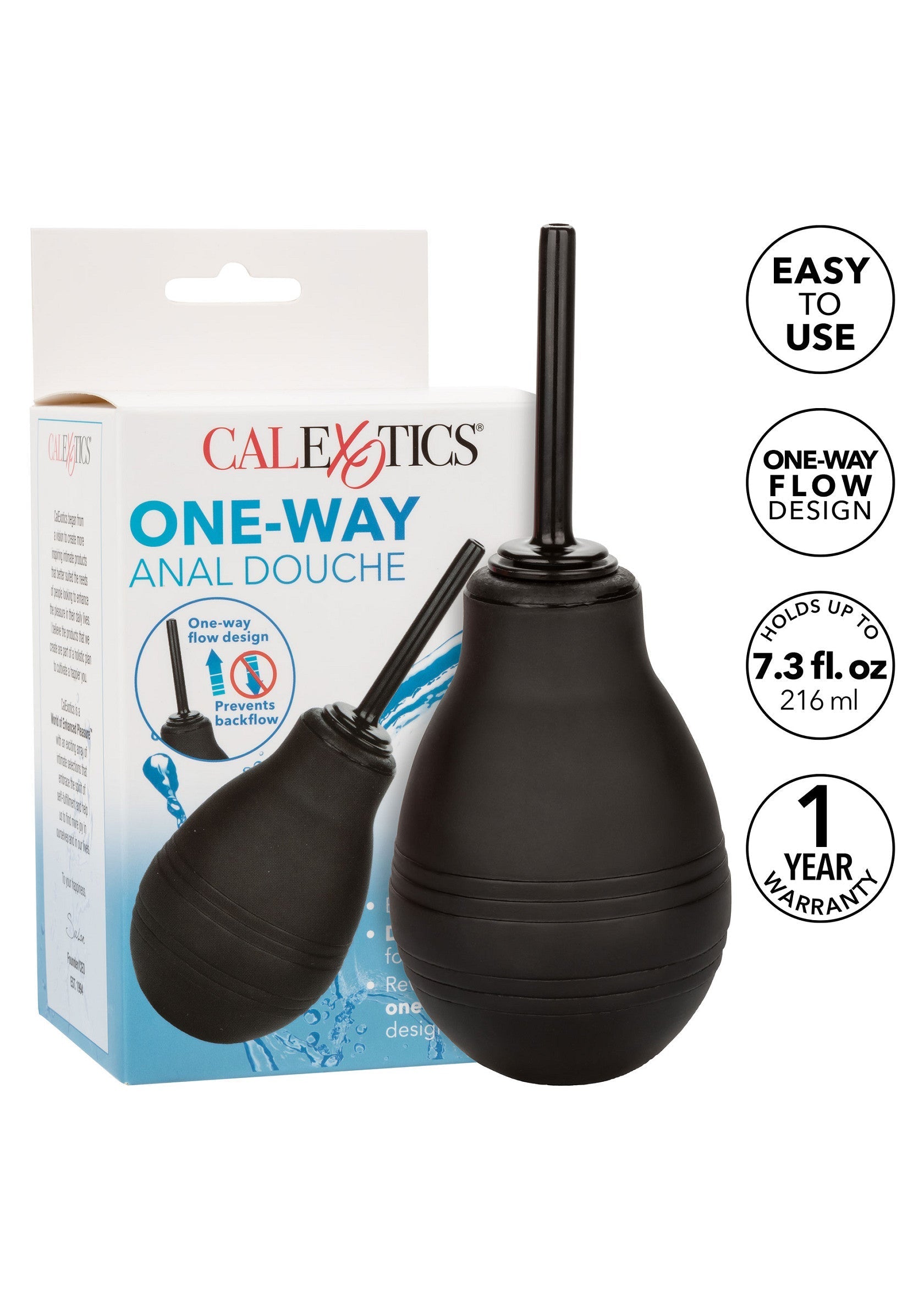 Poire à lavement anal CalExotics One-Way : facile à utiliser, conception unidirectionnelle, capacité de 216 ml, garantie 1 an.; CalExotics One-Way anale douche: gemakkelijk te gebruiken, eenrichtingsontwerp, 216 ml capaciteit, 1 jaar garantie.; CalExotics One-Way anal douche: easy to use, one-way design, 7.3 fl. oz capacity, 1 year warranty.