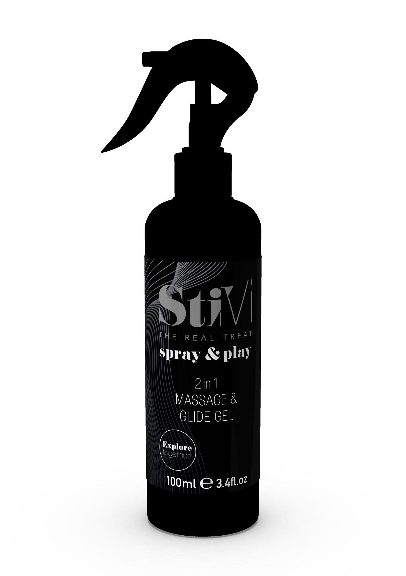 StiVi Spray & Play, gel de massage et de glisse 2 en 1. Explorez le plaisir avec ce produit de qualité.; StiVi Spray & Play, 2-in-1 massage- en glijgel. Ontdek plezier met dit kwaliteitsproduct.; StiVi Spray & Play, 2-in-1 massage & glide gel. Explore pleasure with this quality product. 
