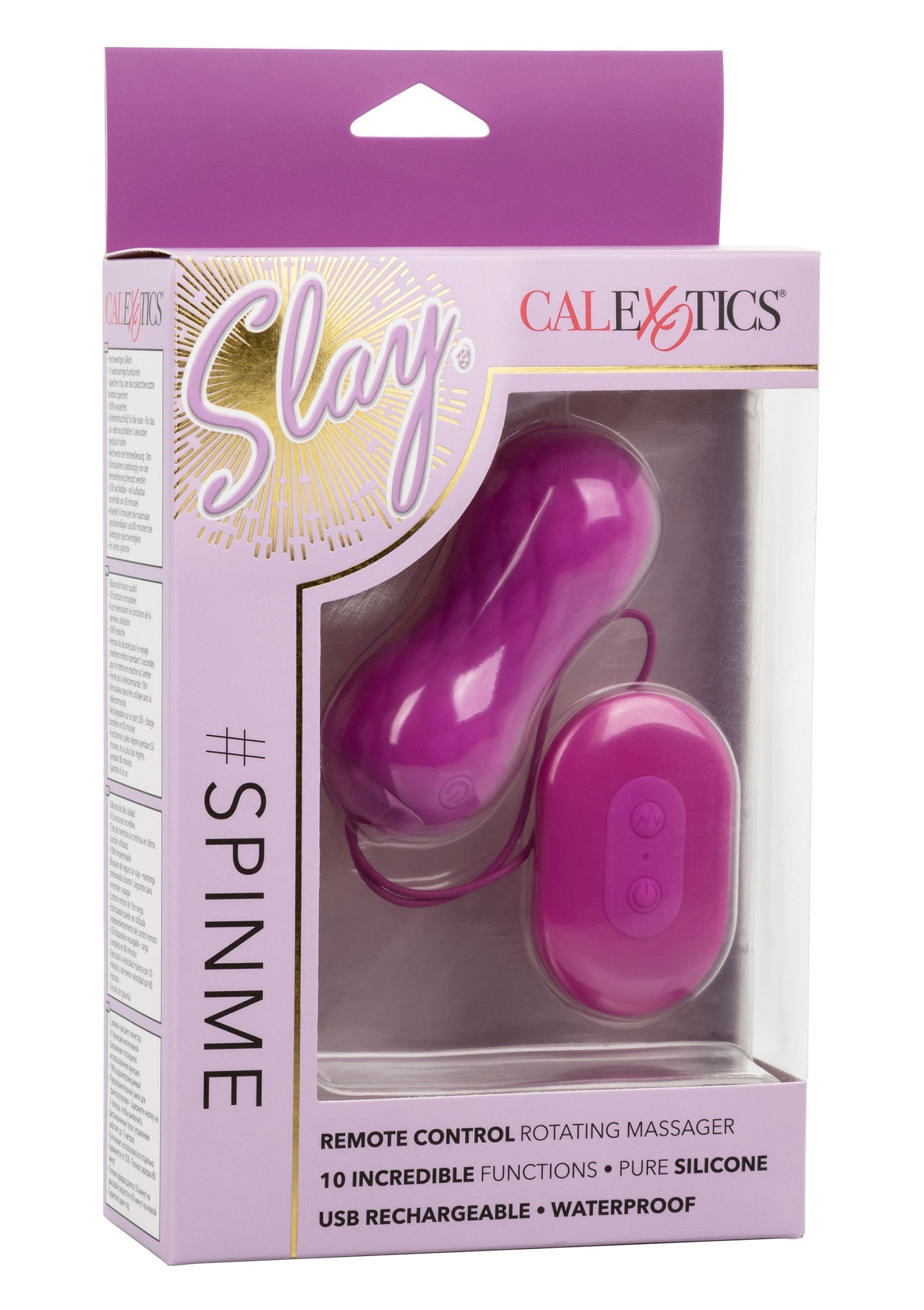 Masseur rotatif télécommandé Slay #SPINME de CalExotics. 10 fonctions, silicone pur, rechargeable USB et étanche.; CalExotics Slay #SPINME roterende massager met afstandsbediening. 10 functies, pure siliconen, USB oplaadbaar en waterdicht.; CalExotics Slay #SPINME remote control rotating massager. 10 functions, pure silicone, USB rechargeable, and waterproof.