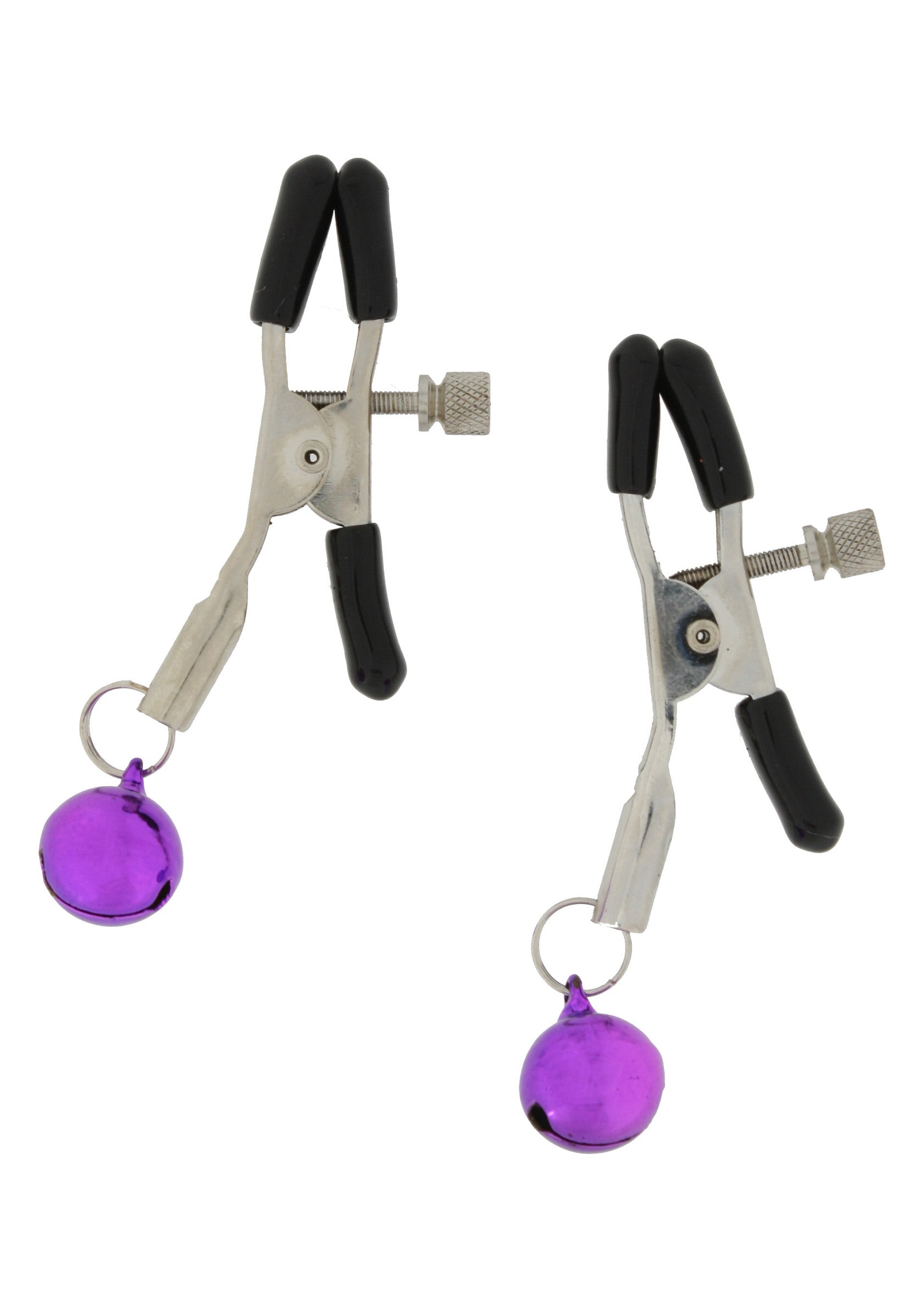 Pinces à tétons avec clochettes violettes pour un jeu excitant et sensuel.; Nippelklemmen met paarse belletjes voor een spannend en sensueel spel.; Nipple clamps with purple bells for exciting and sensual play.