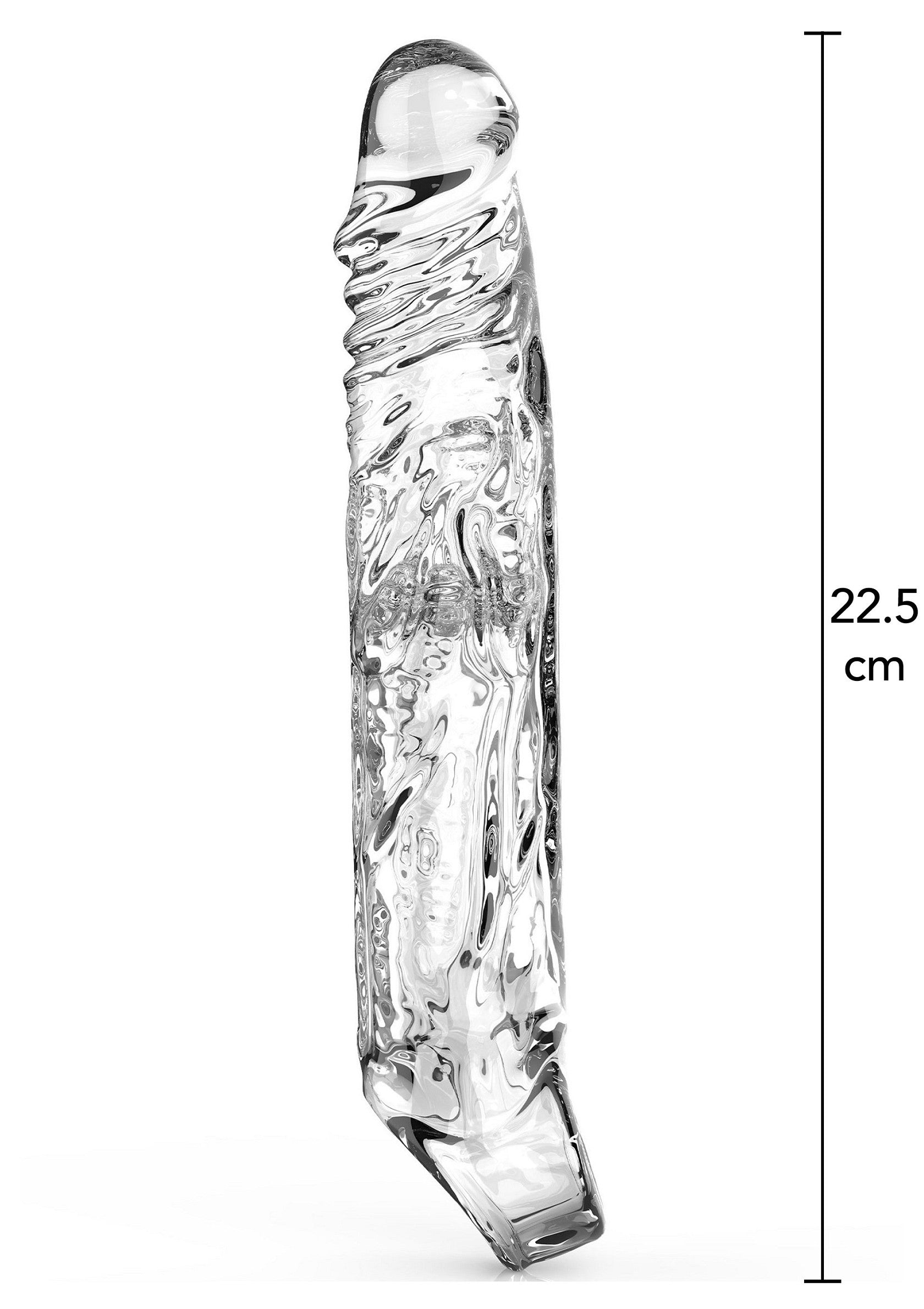 Vibromasseur en verre transparent texturé de 22,5 cm pour le plaisir intime.; Getextureerde heldere glazen vibrator van 22,5 cm voor intiem genot.; Textured clear glass vibrator 22.5 cm for intimate pleasure.