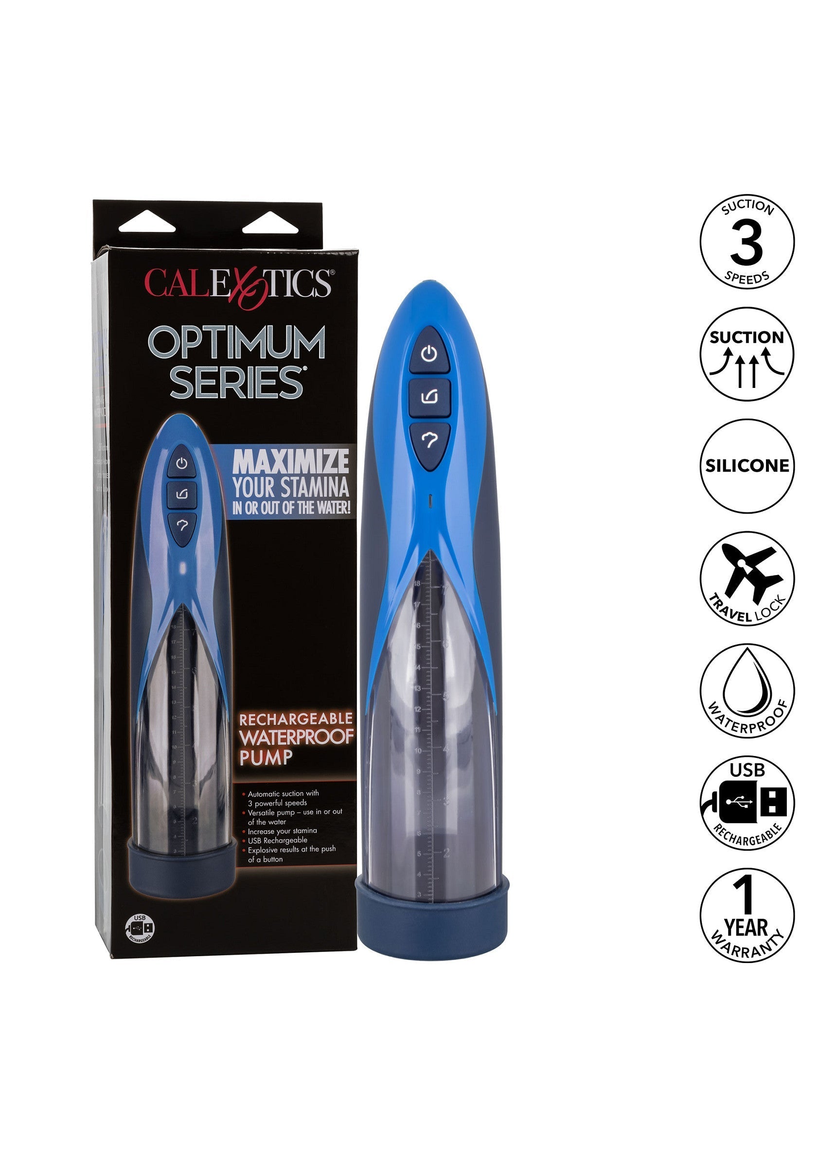 CalExotics Optimum Series : pompe à pénis rechargeable et étanche pour maximiser l'endurance. ; CalExotics Optimum Series: oplaadbare, waterdichte penis pomp om het uithoudingsvermogen te maximaliseren.; CalExotics Optimum Series: rechargeable waterproof penis pump to maximize stamina. 3 speeds suction, silicone and travel lock. 