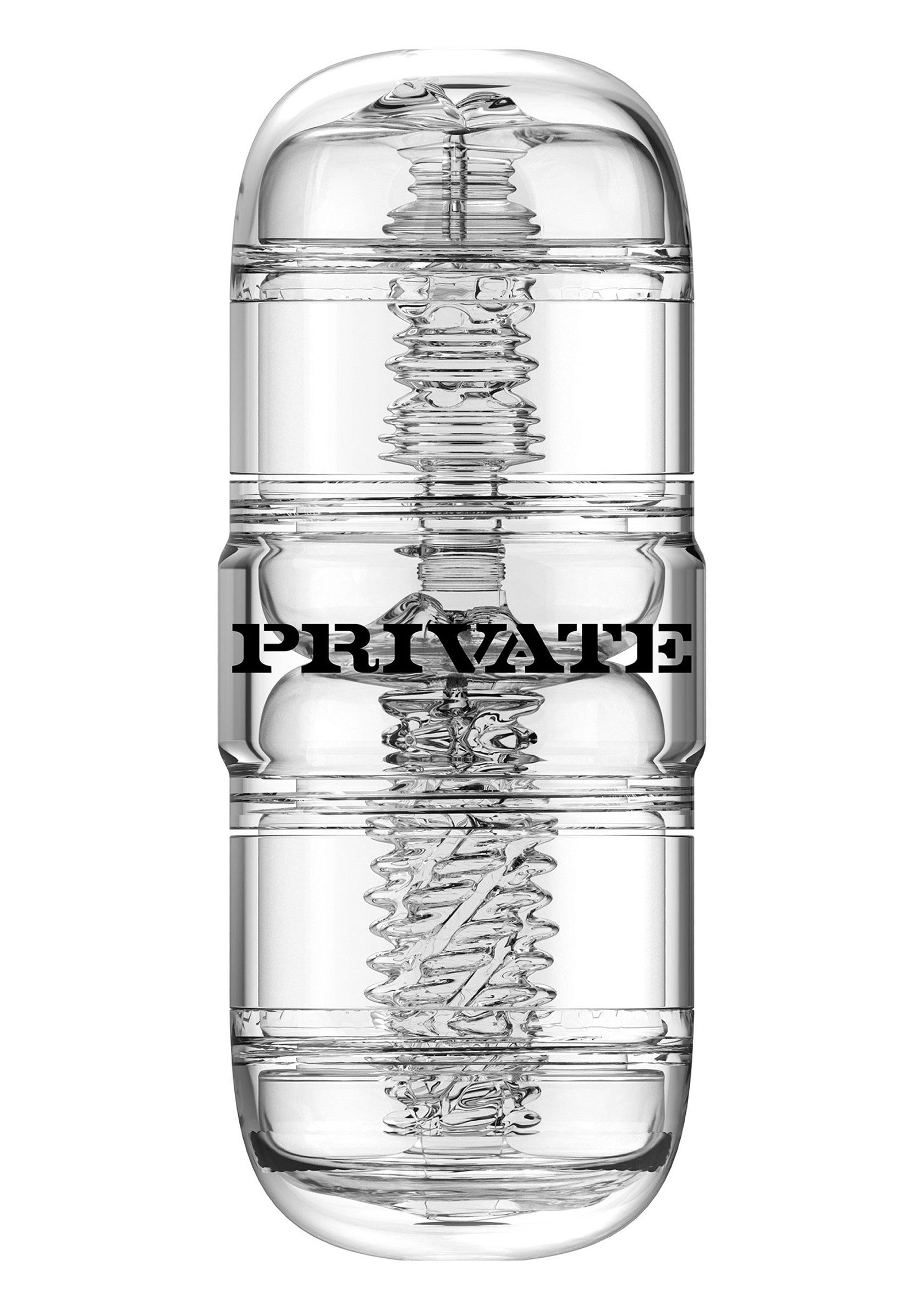 Manchon de masturbation transparent avec texture interne complexe et logo PRIVATE; Transparante masturbator met complexe interne textuur en 'PRIVATE' logo; Clear masturbator with complex internal texture and 'PRIVATE' logo