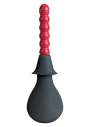 Poire à lavement noire avec manche rouge à billes pour une hygiène personnelle optimale.; Zwarte klysma peer met rode handvat voor een optimale persoonlijke hygiëne.; Black enema bulb with red beaded handle for optimal personal hygiene.
