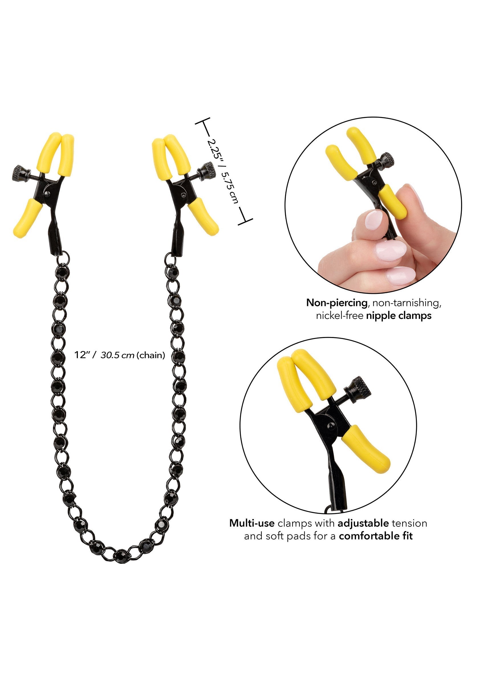 Pinces à tétons non perçantes avec chaîne. Tension réglable et coussinets doux pour un ajustement confortable.; Niet-piercende tepelklemmen met ketting. Verstelbare spanning en zachte pads voor een comfortabele pasvorm.; Non-piercing nipple clamps with chain. Adjustable tension & soft pads for a comfortable fit. Nickel-free.
