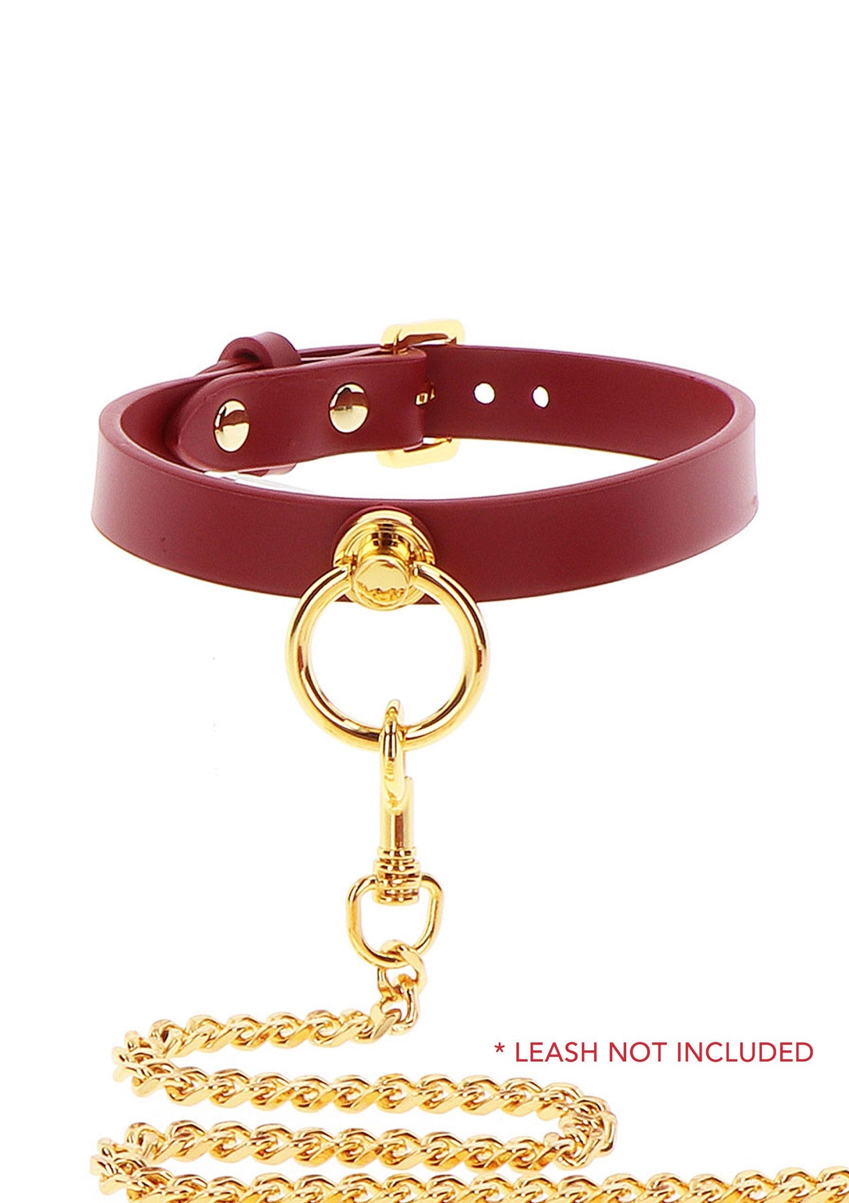 Collier bordeaux avec anneau doré et chaîne, pour un look audacieux et élégant. Laisse non incluse.; Bordeaux halsband met gouden ring en ketting, voor een gedurfde en elegante look. Riem niet inbegrepen.; Burgundy collar with gold ring & chain, for a bold & elegant look. Leash not included.