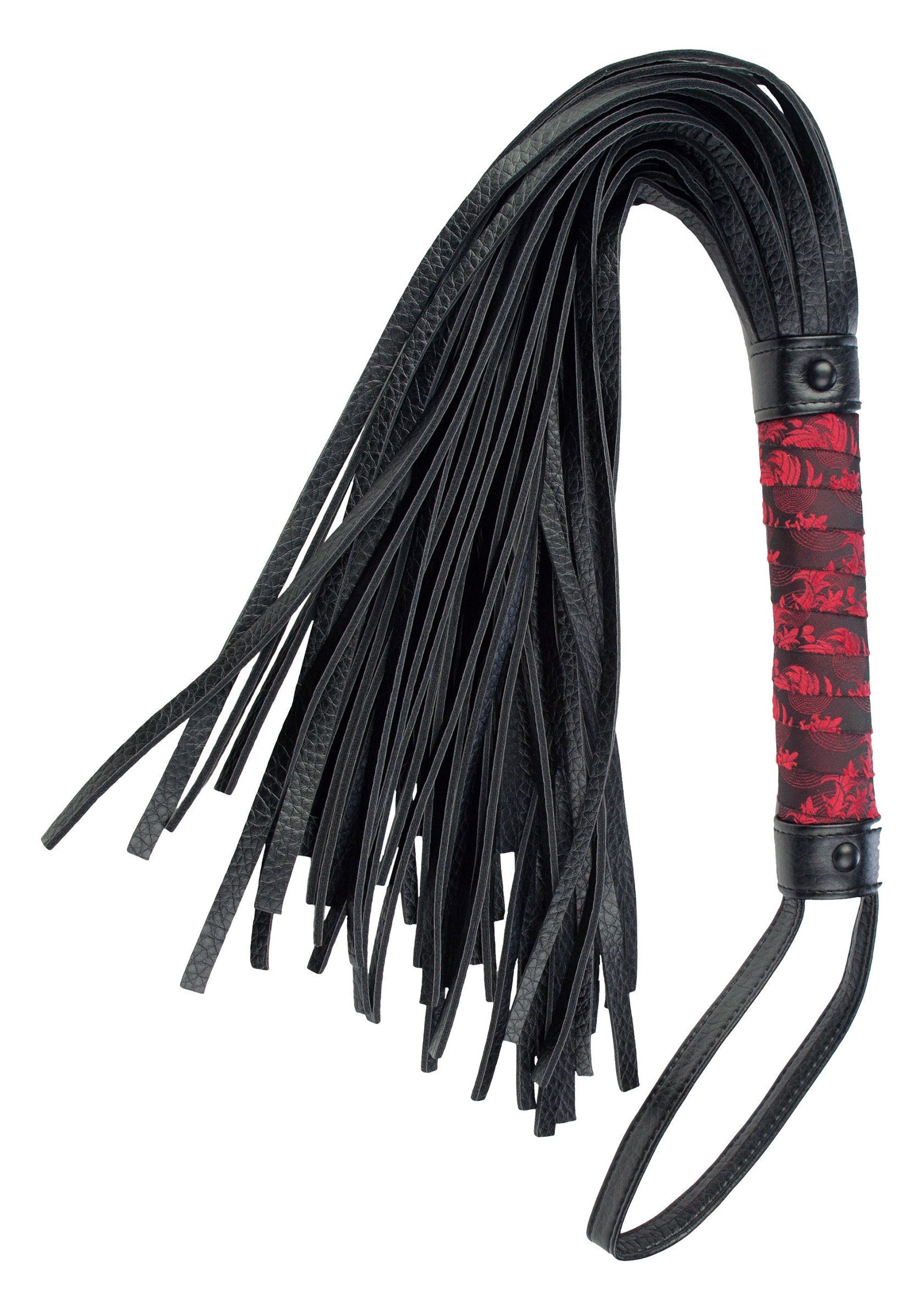 Cravache noire en cuir à lanières multiples avec manche rouge et noir pour un usage adulte.; Zwarte leren zweep met meerdere riemen en een rood-zwarte handgreep voor gebruik door volwassenen.; Black leather flogger with multiple straps and a red and black handle for adult use.