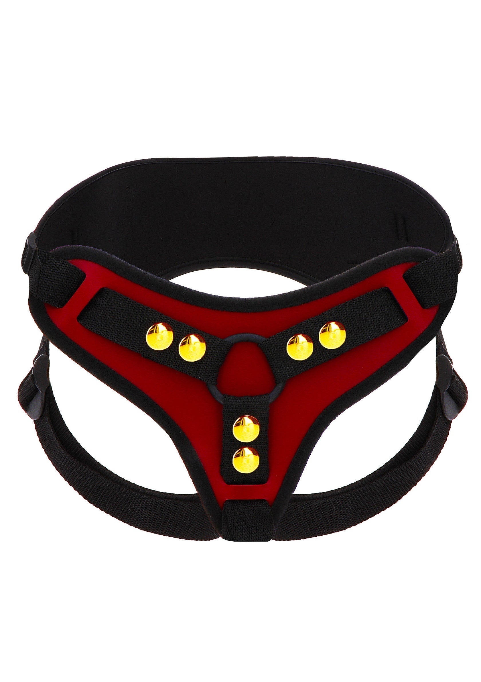 Harnais rouge et noir avec des détails dorés pour un look audacieux et élégant.; Rood en zwart harnas met gouden details voor een gewaagde en stijlvolle look.; Red and black harness with gold accents for a bold, stylish look.
