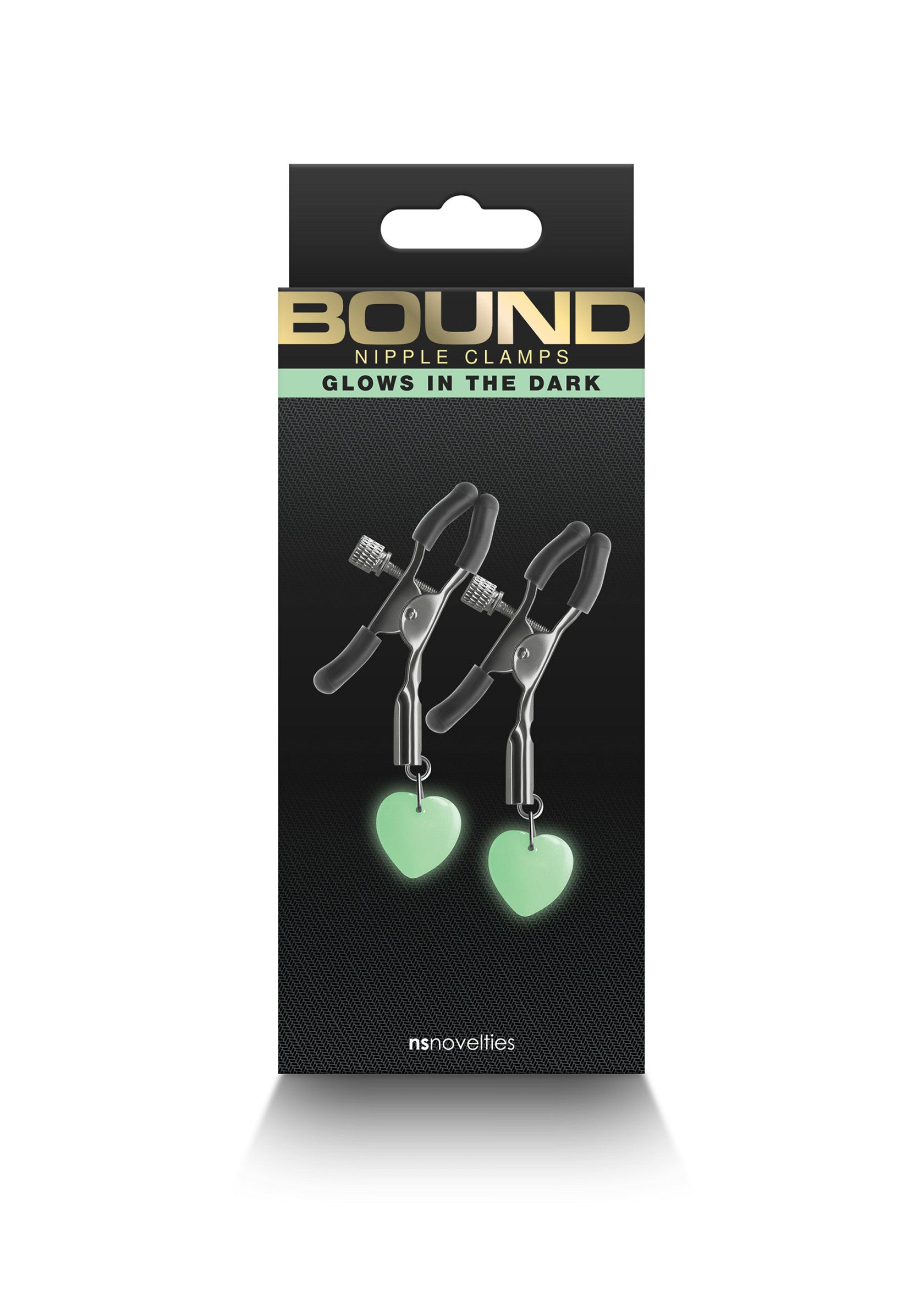 Pinces à tétons Bound avec coeurs phosphorescents. Osez l'intensité !; Bound tepelklemmen met glow-in-the-dark hartjes. Durf de intensiteit!; Bound nipple clamps with glow-in-the-dark hearts. Dare the intensity!