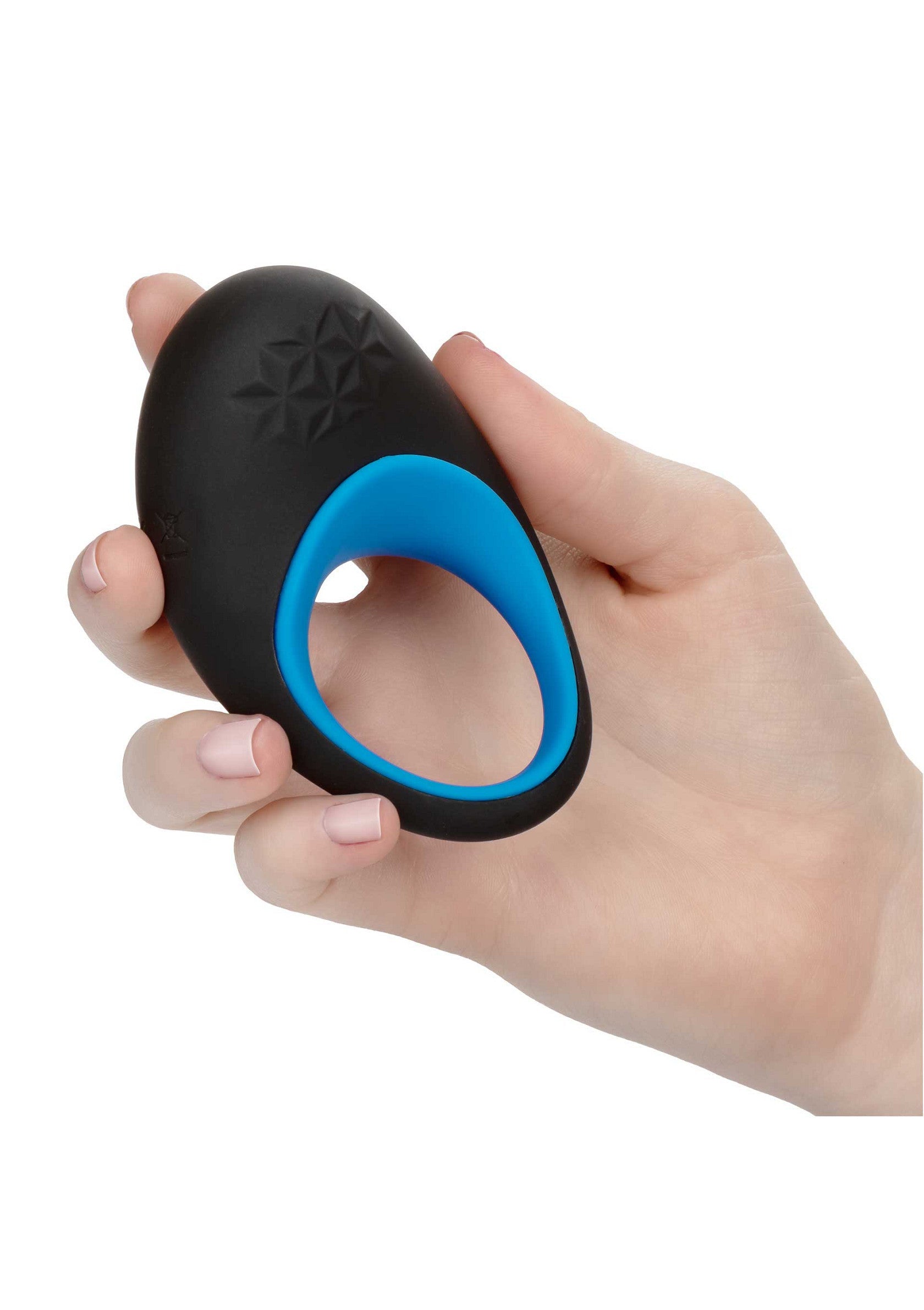 Anneau vibrant noir et bleu pour homme, plaisir intense et confort garanti.; Zwarte en blauwe vibrerende penisring voor mannen, intens plezier en comfort gegarandeerd.; Black & blue vibrating cock ring for men, intense pleasure and guaranteed comfort.