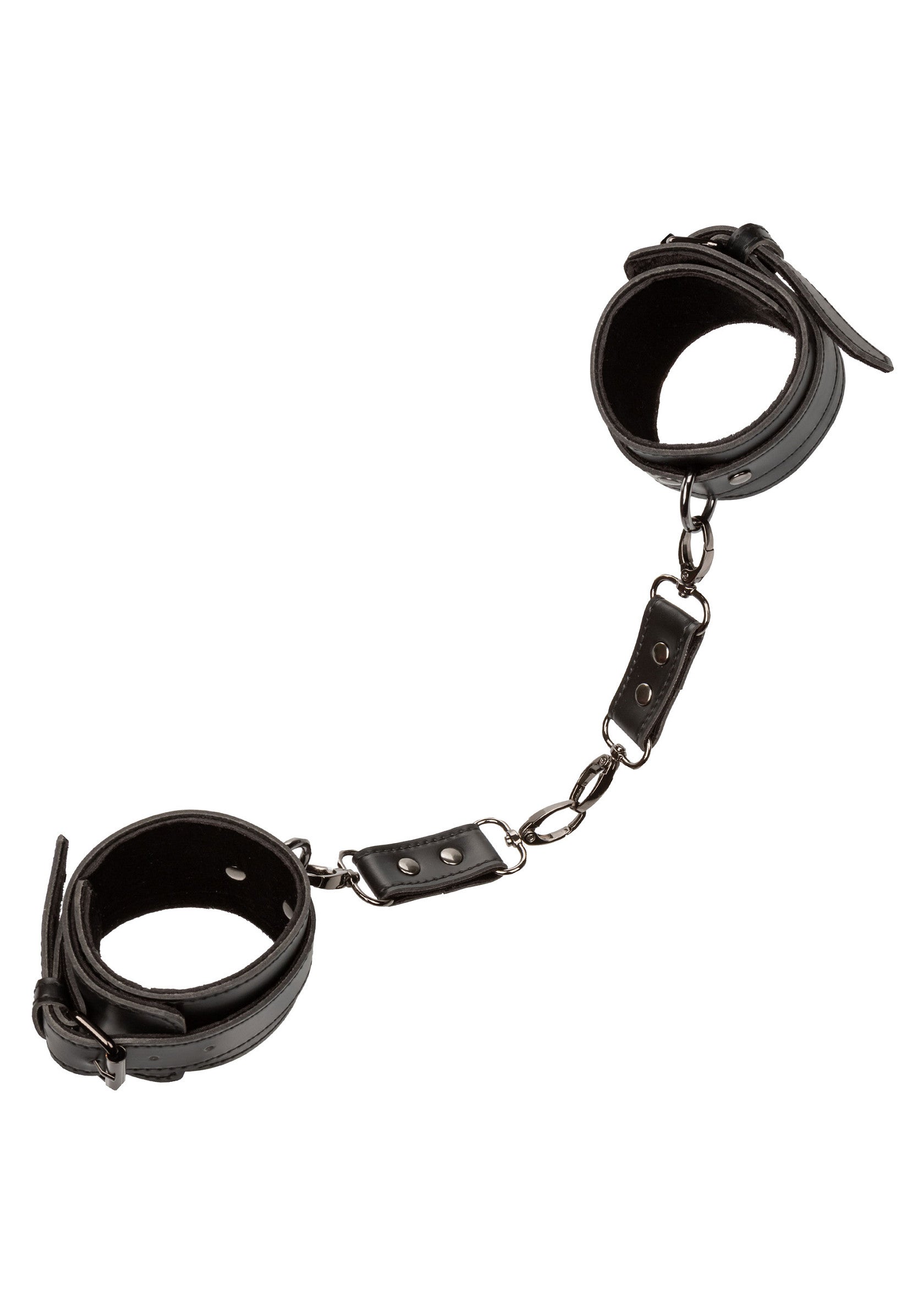 Menottes en cuir noir avec chaîne. Accessoire de jeu de rôle pour adultes.; Zwarte lederen handboeien met ketting. Rollenspelaccessoire voor volwassenen.; Black leather handcuffs with chain. Adult role-play accessory.