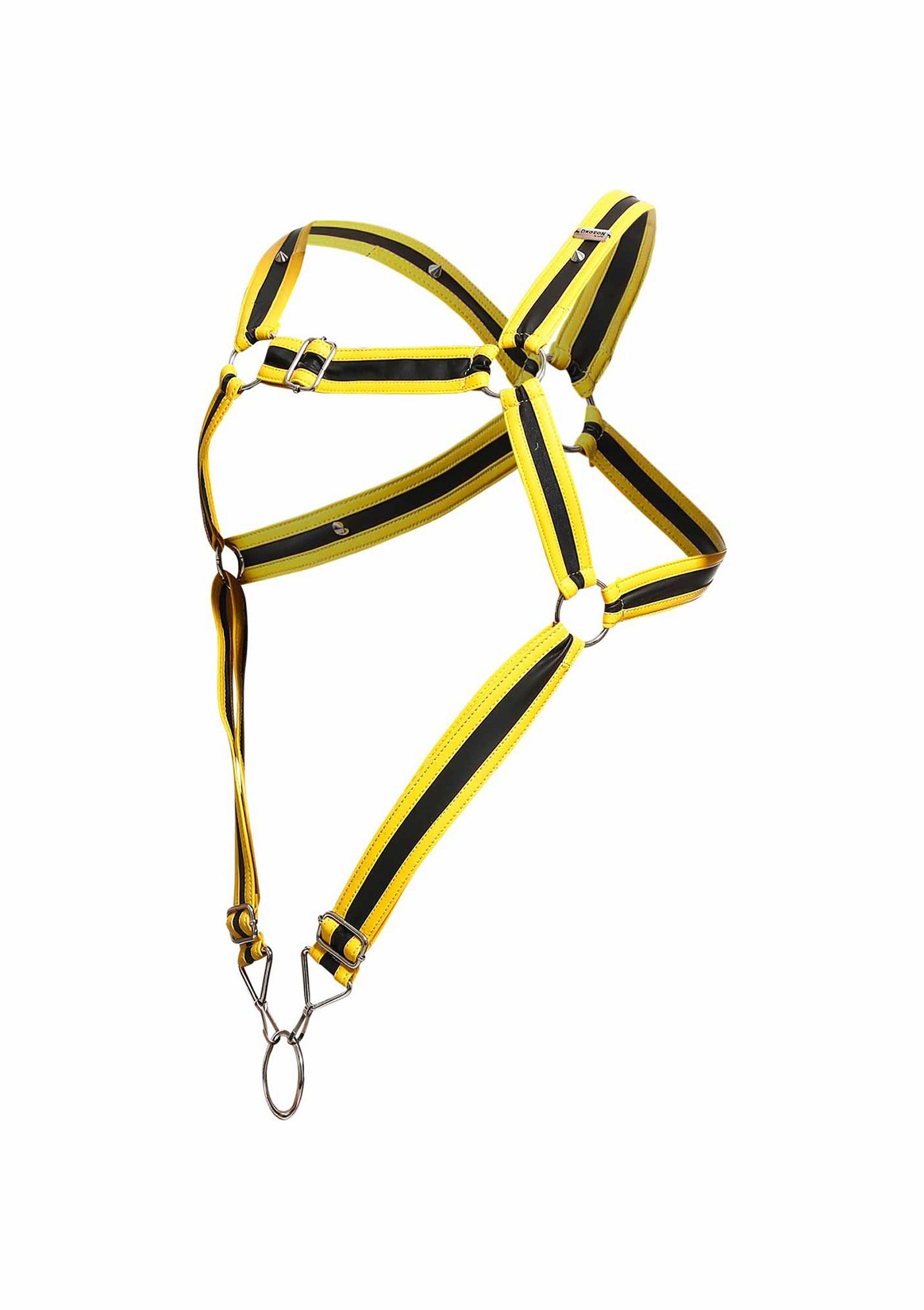 Harnais jaune et noir en tissu, pour un look audacieux et confortable. Parfait pour toutes vos aventures !; Geel en zwart stoffen harnas, voor een gedurfde en comfortabele look. Perfect voor al je avonturen!; Yellow and black fabric harness, for a bold and comfortable look. Perfect for all your adventures!