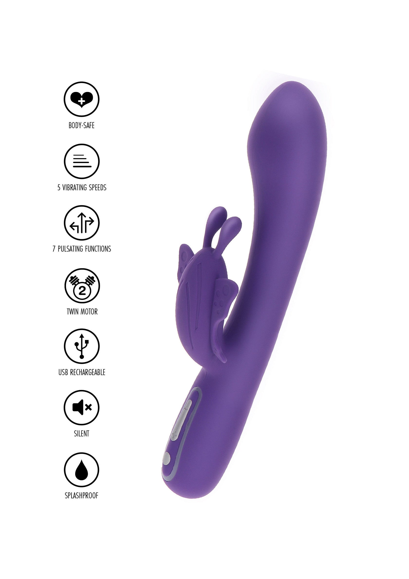 Vibromasseur violet avec double moteur, 5 vitesses et 7 fonctions de pulsation. Rechargeable par USB et silencieux.; Paarse vibrator met dubbele motor, 5 snelheden en 7 pulseerfuncties. USB oplaadbaar en stil.; Purple vibrator with dual motor, 5 speeds, and 7 pulsing functions. USB rechargeable and silent.