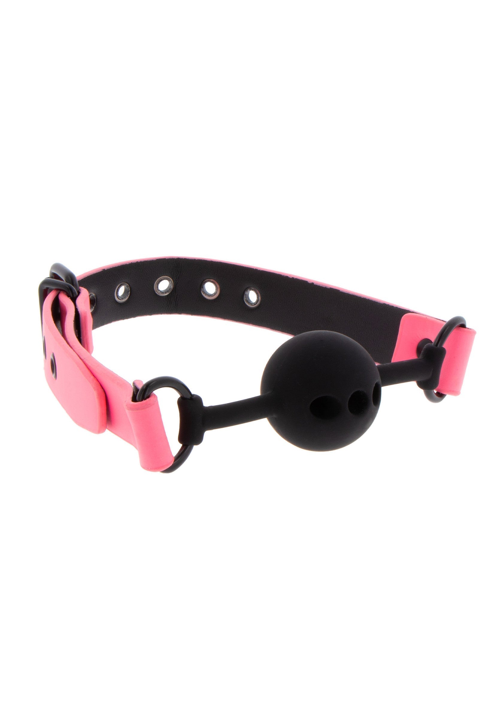 Bâillon à boule noir avec sangle rose réglable pour le bondage et le plaisir.; Zwarte kogelknevel met roze verstelbare band voor bondage en plezier.; Black ball gag with pink adjustable strap for bondage and pleasure.