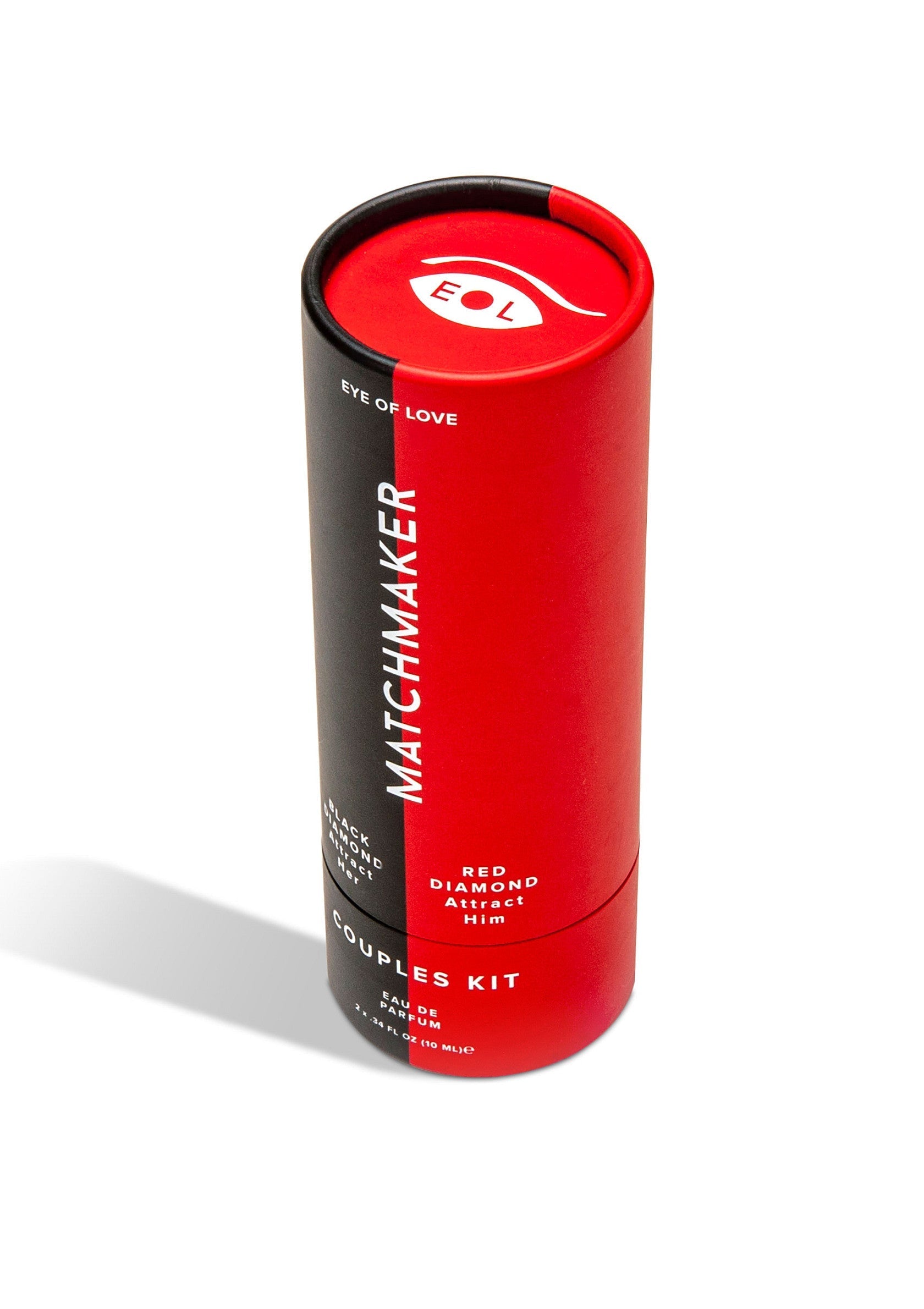 Eye of Love Matchmaker kit couple avec parfum noir et rouge.; Eye of Love Matchmaker koppelset met zwarte en rode geur.; Eye of Love Matchmaker couples kit with black and red fragrances.
