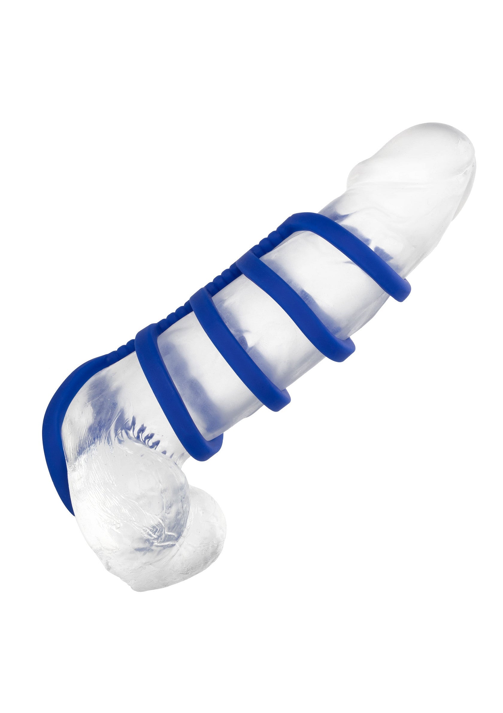 Améliorez les sensations avec cette gaine pénienne texturée, avec anneaux bleus. Plaisir et confort assurés.; Verhoog de sensaties met deze getextureerde penishoes, met blauwe ringen. Gegarandeerd plezier en comfort.; Enhance sensations with this textured penis sleeve, featuring blue rings. Pleasure and comfort guaranteed.