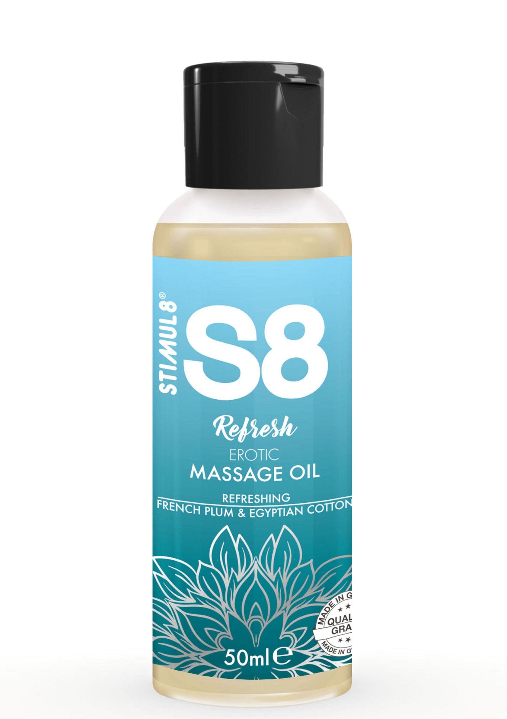 Huile de massage érotique S8 Refresh Stimul8, prune française et coton égyptien, 50 ml; Stimul8 S8 Refresh erotische massageolie, Franse pruim & Egyptisch katoen, 50ml; Stimul8 S8 Refresh erotic massage oil, French plum & Egyptian cotton, 50ml