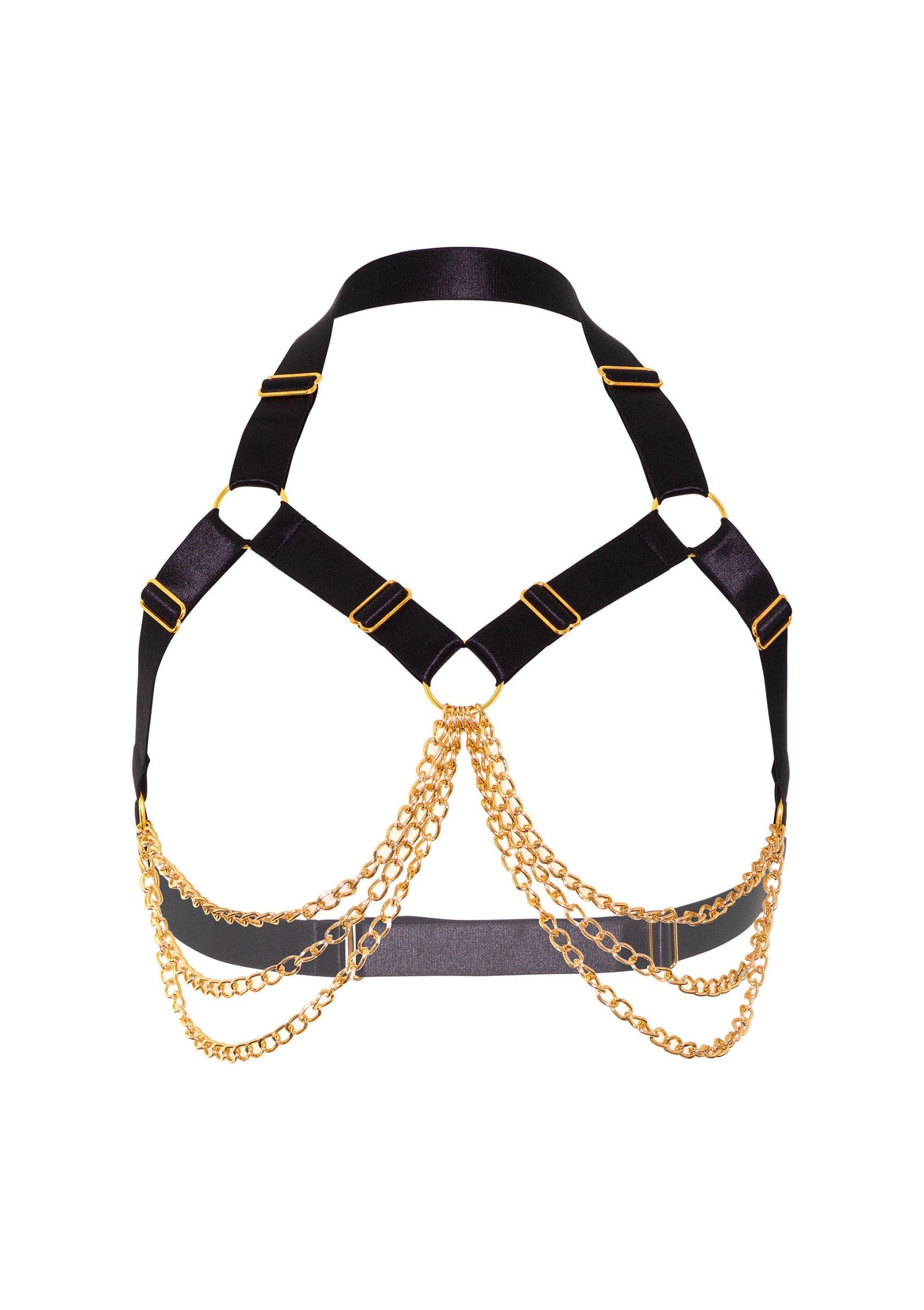 Harnais noir et doré avec chaînes pour une touche audacieuse et élégante.; Zwart en gouden harnas met kettingen voor een gedurfde en elegante touch.; Black and gold harness with chains for a bold and elegant touch.