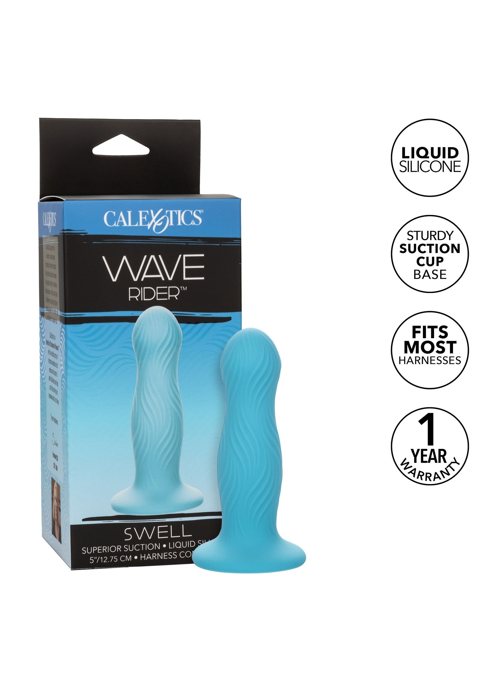 Vibromasseur bleu CalExotics Wave Rider pour le plaisir. Silicone liquide, ventouse et compatible avec la plupart des harnais.; CalExotics Wave Rider blauwe vibrator voor plezier. Vloeibare siliconen, zuignap en geschikt voor de meeste harnassen.; CalExotics Wave Rider blue vibrator for pleasure. Liquid silicone, suction cup & fits most harnesses.