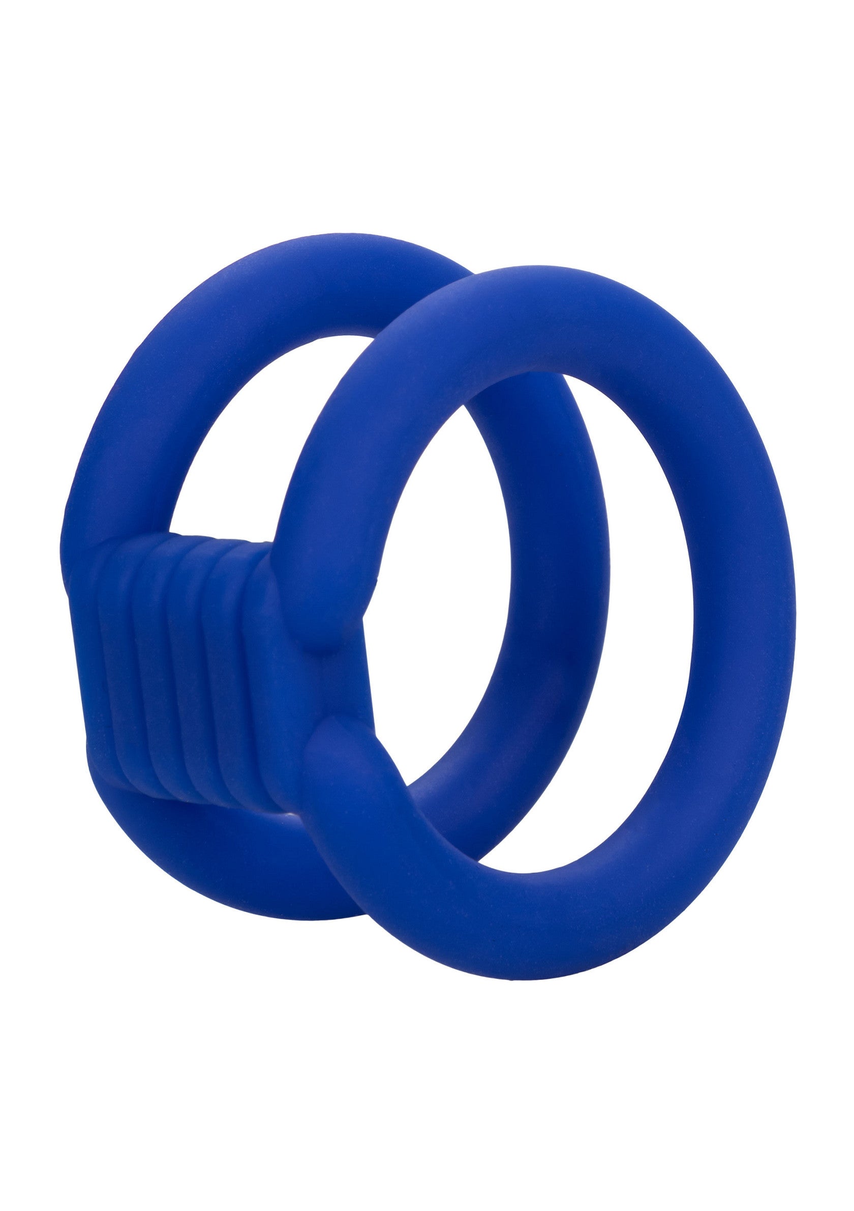 Anneau pénien double en silicone bleu pour plus de plaisir.; Blauwe siliconen dubbele penisring voor meer plezier.; Blue silicone double cock ring for enhanced pleasure.