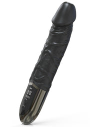Godemichet texturé noir avec écran pour une stimulation intense et personnalisée.; Zwarte vibrator met textuur en display voor intense, gepersonaliseerde stimulatie.; Textured black dildo with display for intense, customized stimulation.
