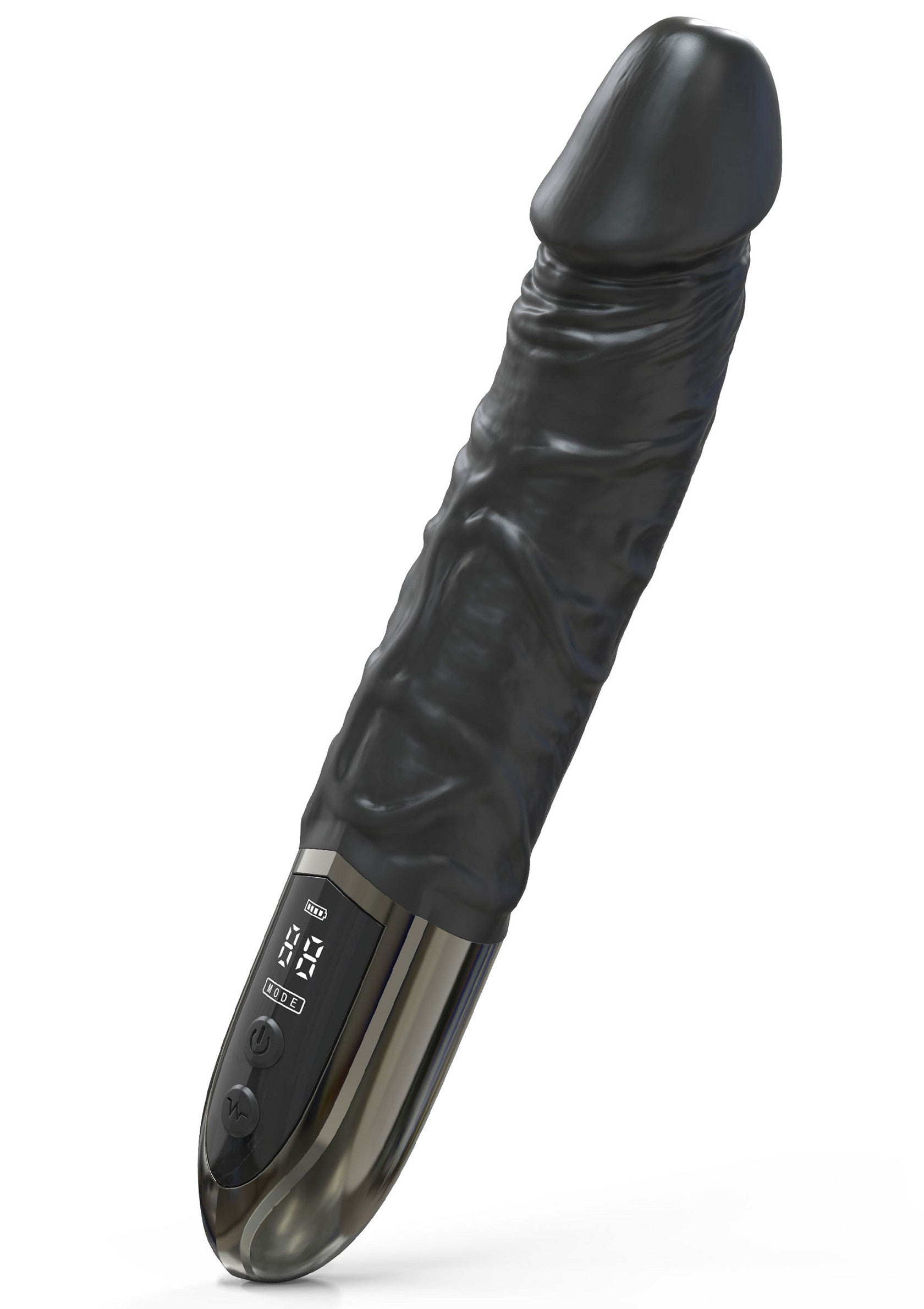 Godemichet texturé noir avec écran pour une stimulation intense et personnalisée.; Zwarte vibrator met textuur en display voor intense, gepersonaliseerde stimulatie.; Textured black dildo with display for intense, customized stimulation.