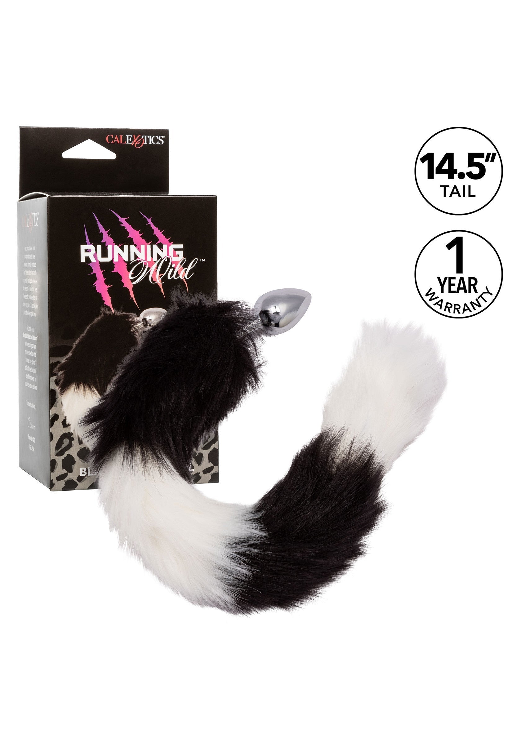 Queue de renard noire et blanche avec plug anal en métal pour adultes. Accessoire coquin parfait pour vos jeux coquins. ; Zwarte en witte vossenstaart met metalen anale plug voor volwassenen. Perfect ondeugend accessoire voor je ondeugende spelletjes.; Black and white fox tail with metal butt plug for adults. Perfect naughty accessory for your kinky games.