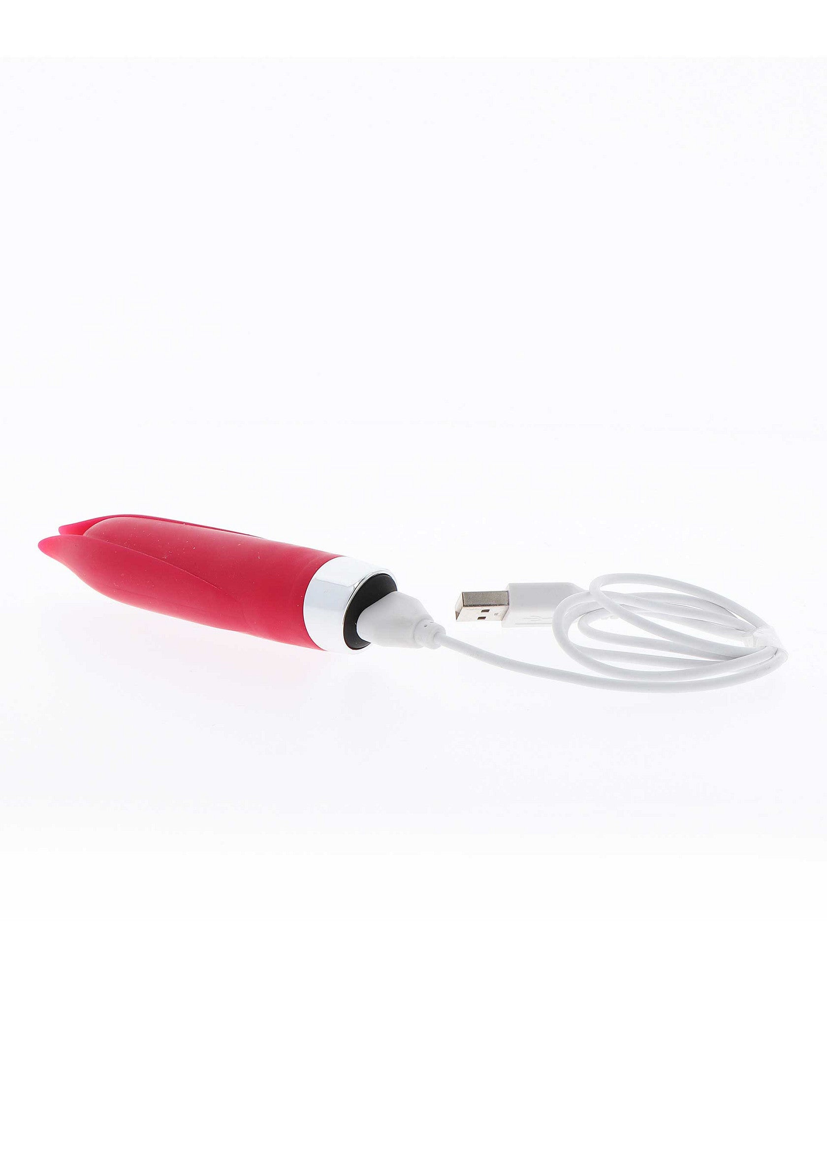 Vibromasseur rechargeable rose en forme de tulipe avec câble USB pour des moments de plaisir intenses.; Roze, oplaadbare vibrator in de vorm van een tulp, met USB-kabel voor intense genotsmomenten.; Pink, rechargeable tulip-shaped vibrator with USB cable for intense moments of pleasure.