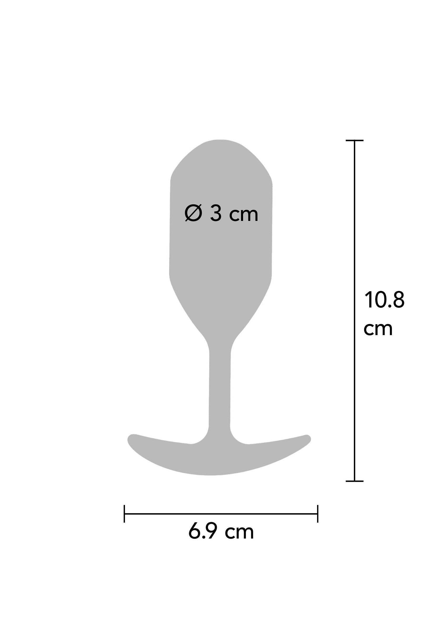 Diagramme d'un plug anal avec les dimensions: diamètre 3cm, longueur 10.8cm, largeur de la base 6.9cm.; Diagram van een anale plug met afmetingen: diameter 3cm, lengte 10.8cm, basisbreedte 6.9cm.; Diagram of an anal plug with dimensions: diameter 3cm, length 10.8cm, base width 6.9cm.