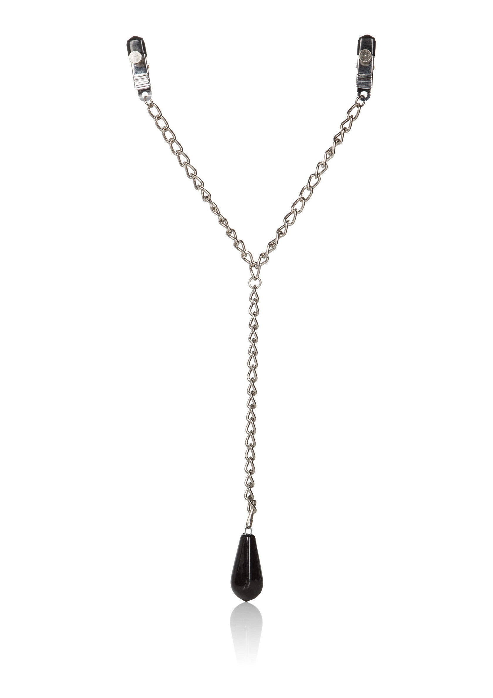 Pince-tétons chaînes avec pendentif goutte noire pour un plaisir intense.; Tepelklemmen met kettingen en zwarte druppel hanger voor intense stimulatie.; Nipple clamps with chains and a black drop pendant for intense stimulation.