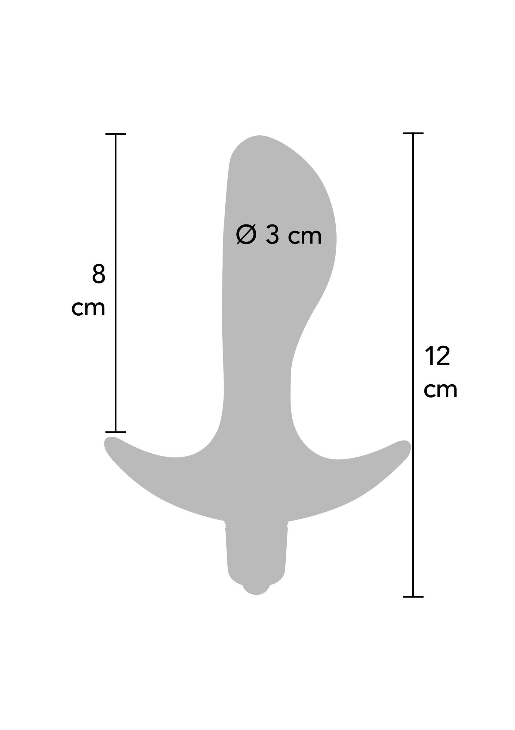 Schéma des dimensions d'un plug anal : 8 cm de large et 12 cm de long, avec un diamètre de 3 cm.; Afmetingen van een anale plug: 8 cm breed en 12 cm lang, met een diameter van 3 cm.; Anal plug dimensions diagram: 8cm wide and 12cm long, with a 3cm diameter.