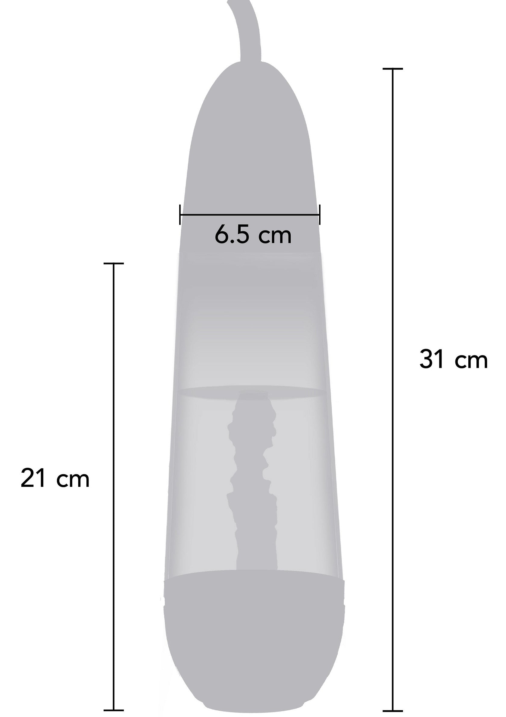 Schéma technique détaillé d'un objet de 31 cm de haut et 6.5 cm de large.; Gedetailleerd technisch schema van een object van 31 cm hoog en 6.5 cm breed.; Detailed technical diagram of an object 31 cm high and 6.5 cm wide.