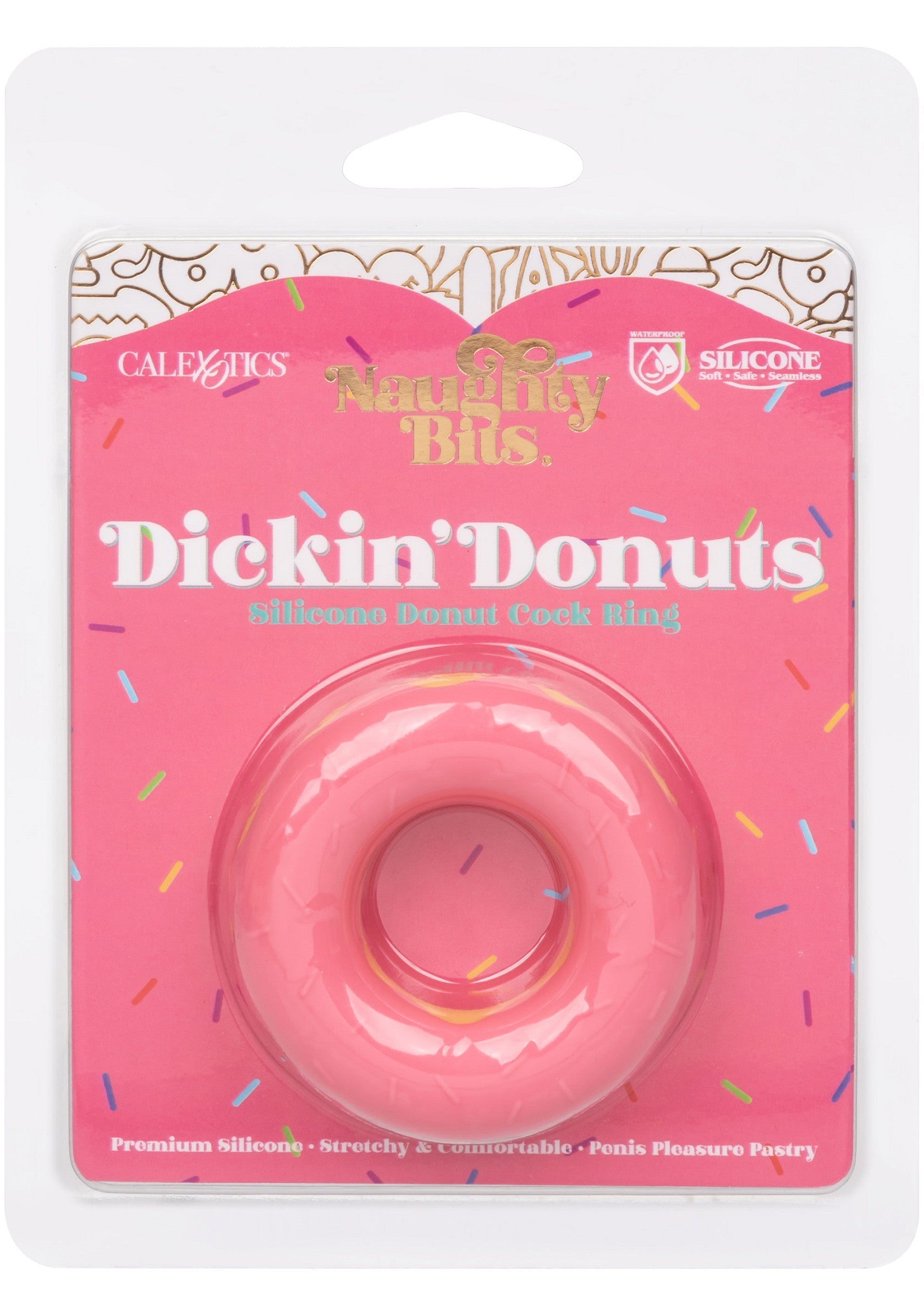 Anneau pénien en silicone en forme de donut rose pour un plaisir intense. Jouet pour adultes CalExotics Naughty Bits Dickin' Donuts.; Roze donut siliconen penisring voor intens genot. CalExotics Naughty Bits Dickin' Donuts speeltje voor volwassenen.; Pink donut silicone cock ring for intense pleasure. CalExotics Naughty Bits Dickin' Donuts adult toy.