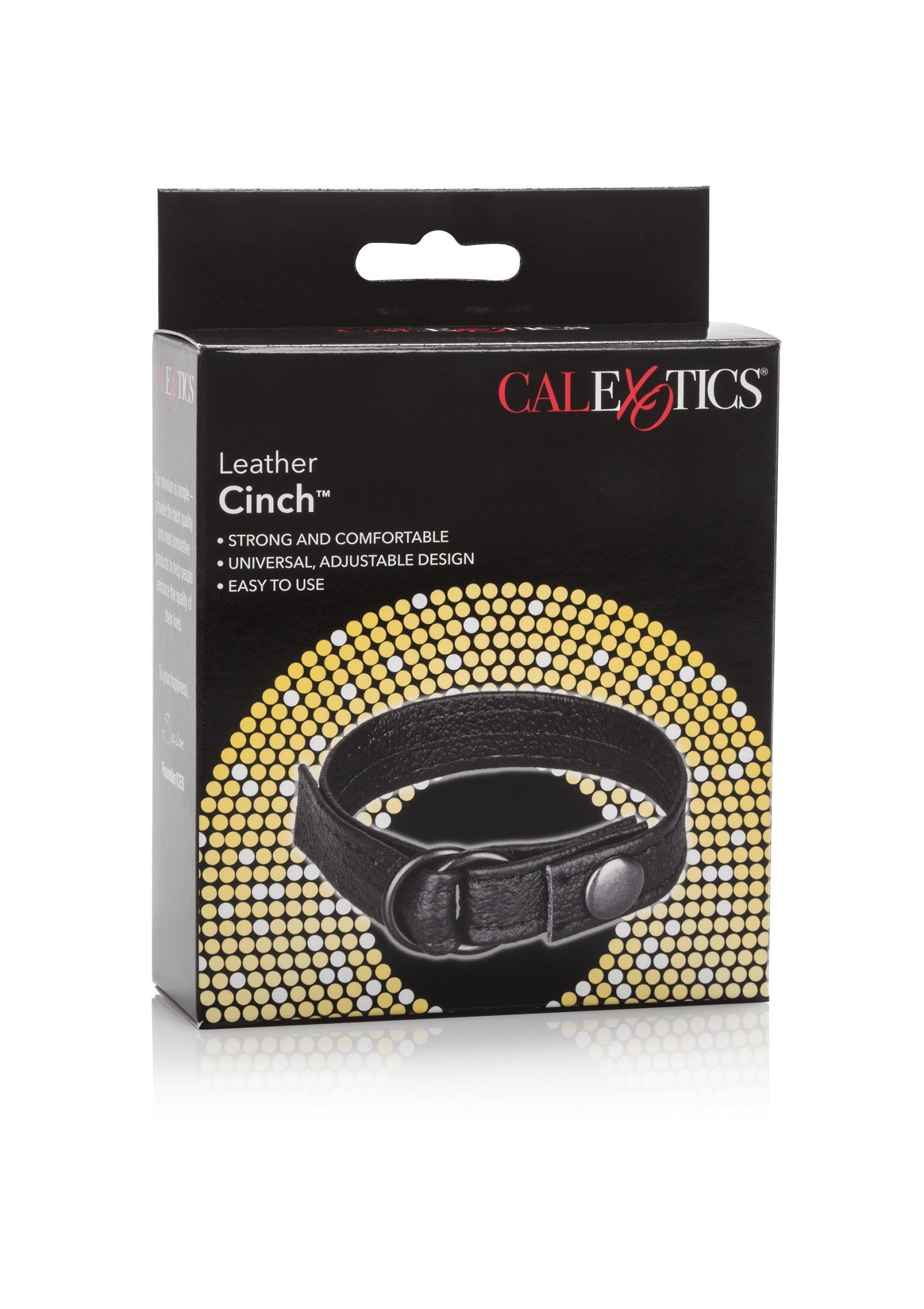 Leather Cinch de CalExotics, accessoire en cuir ajustable pour une expérience intense et confortable.; CalExotics Leather Cinch, verstelbare lederen accessoire voor een intense en comfortabele ervaring.; CalExotics Leather Cinch, adjustable leather accessory for an intense and comfortable experience.