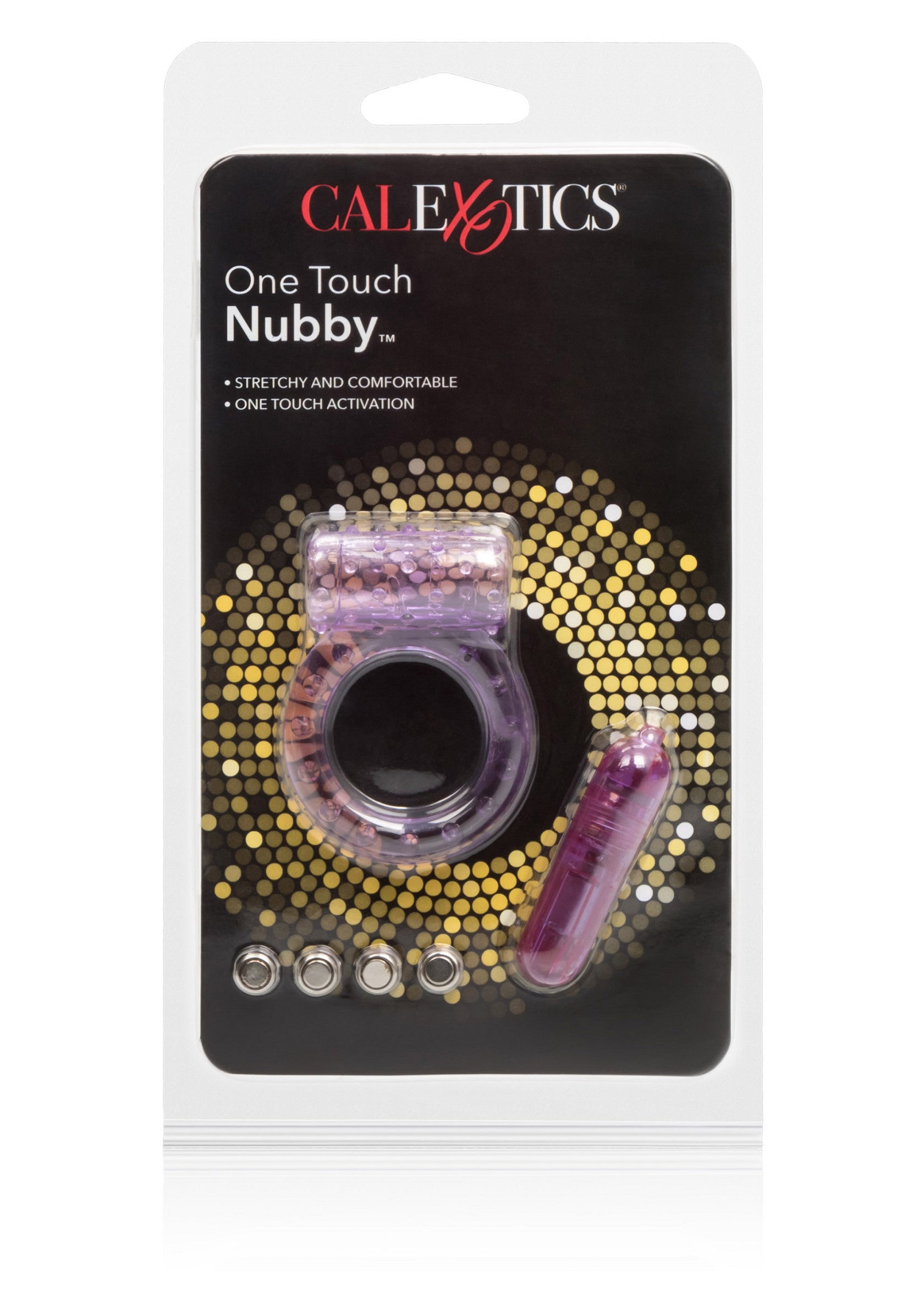 CalExotics One Touch Nubby. Anneau pénien extensible confortable avec vibromasseur à une touche. Découvrez le plaisir intense !; CalExotics One Touch Nubby. Comfortabele, rekbare penisring met one-touch vibrator. Ervaar intense opwinding!; CalExotics One Touch Nubby. Comfortable, stretchy penis ring with one-touch vibrator. Experience intense arousal!