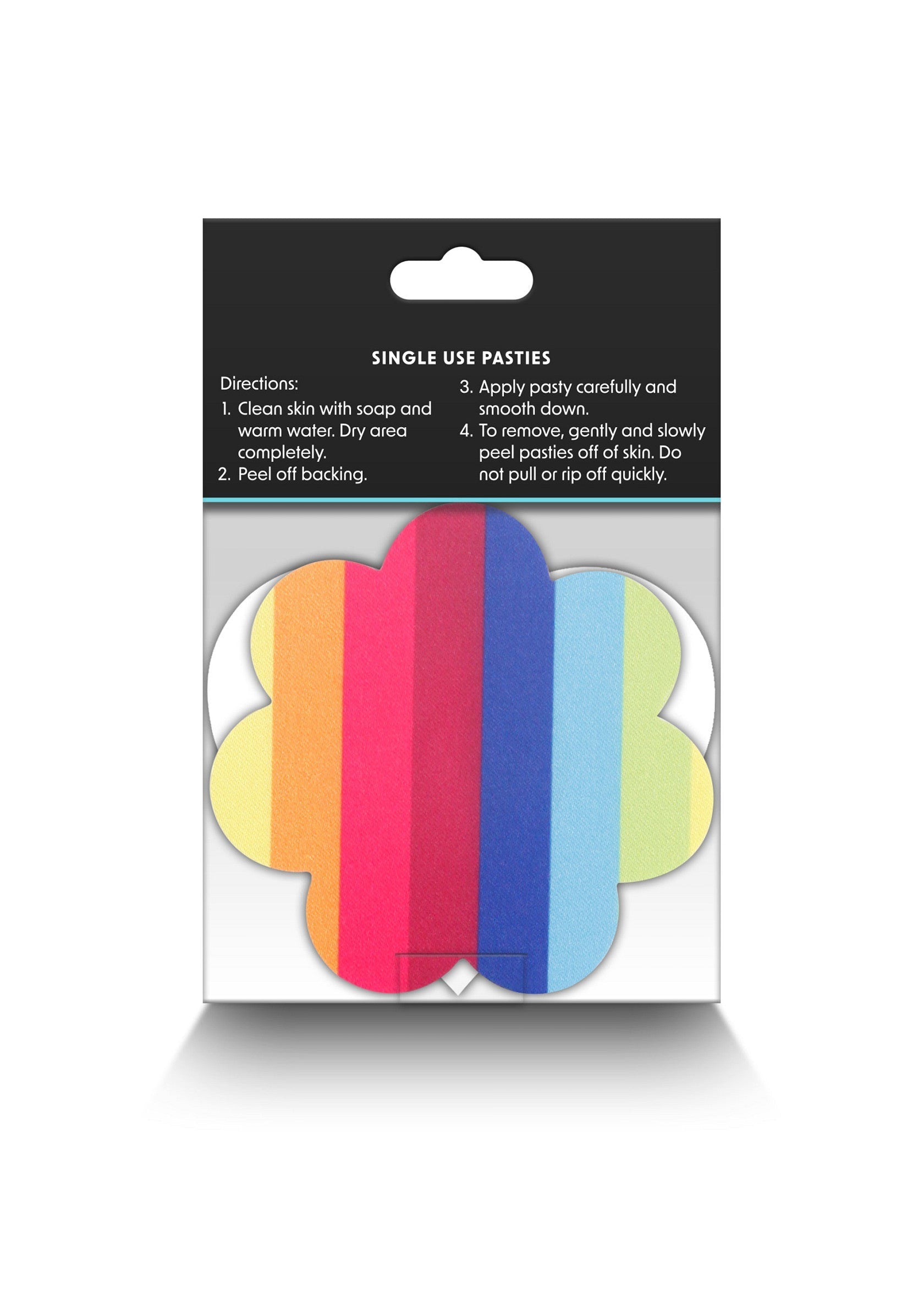 Cache-tétons arc-en-ciel à usage unique, discrets et confortables. Adhésif doux pour la peau sensible.; Regenboog tepelstickers voor eenmalig gebruik, discreet en comfortabel. Zachte kleefstof voor de gevoelige huid.; Rainbow nipple pasties single use, discreet and comfy. Soft adhesive for sensitive skin.