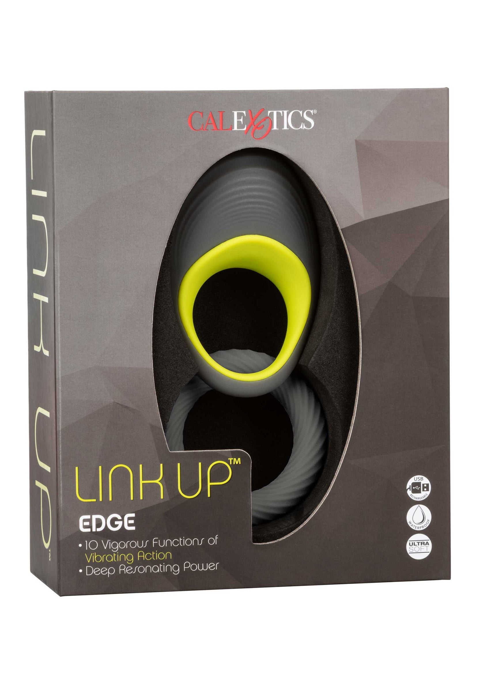 CalExotics Link Up Edge : anneau vibrant avec 10 fonctions, pour une expérience intense. Puissance et plaisir assurés !; CalExotics Link Up Edge: vibrerende ring met 10 functies, voor een intense ervaring. Kracht en plezier gegarandeerd!; CalExotics Link Up Edge: vibrating cock ring with 10 functions, for an intense experience. Power and pleasure guaranteed!