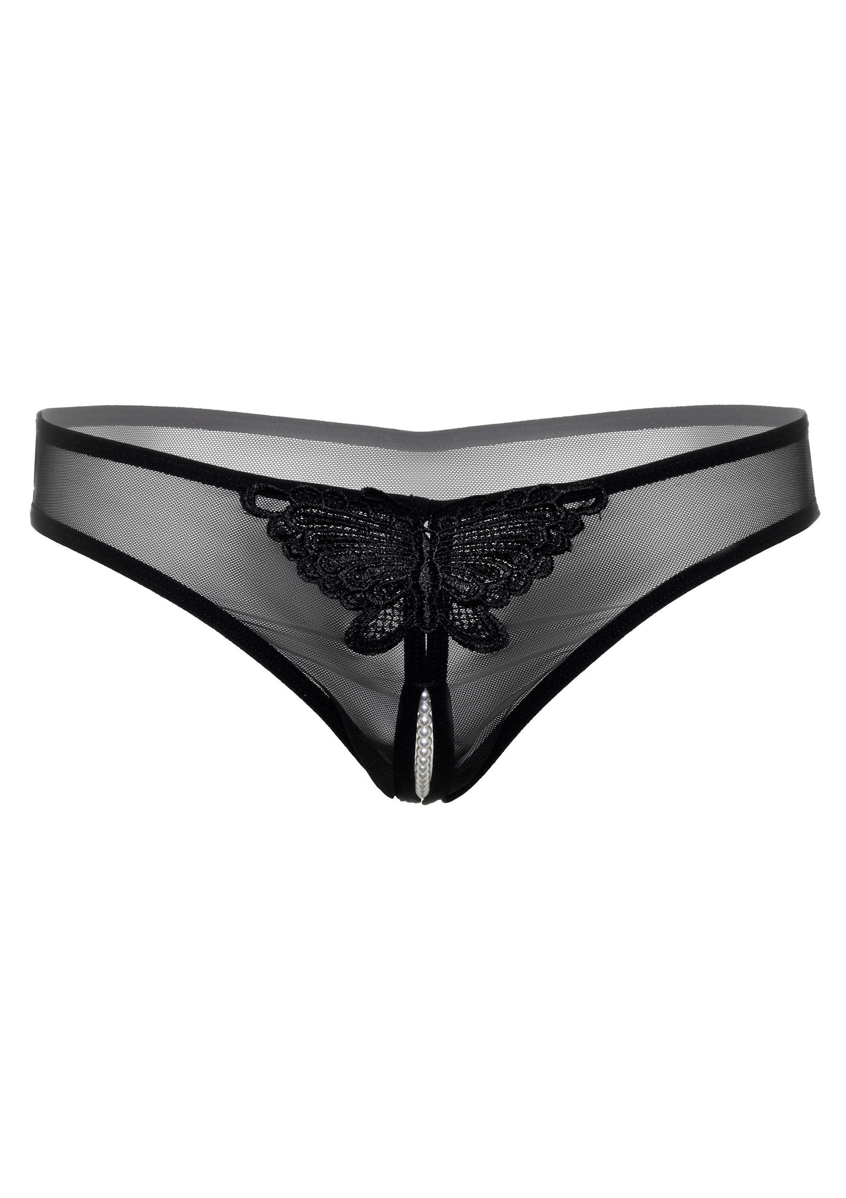 Culotte ouverte noire en tulle avec papillon en dentelle.; Zwarte open kruis string van tule met kanten vlinder.; Black open crotch thong in tulle with lace butterfly.