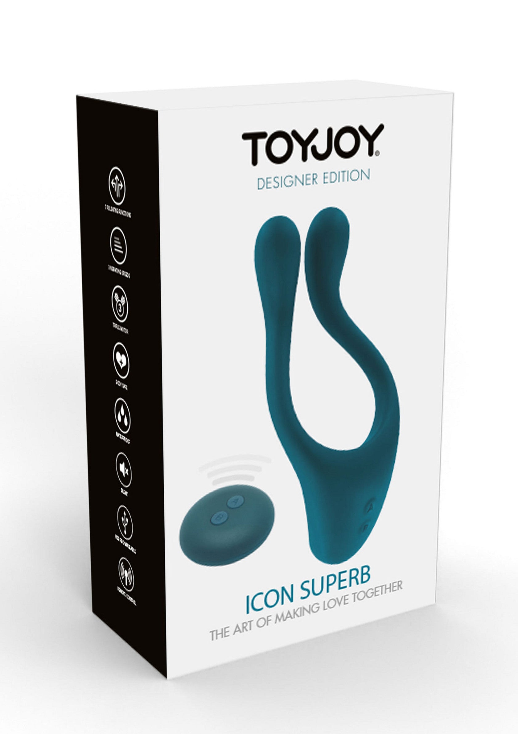 ToyJoy Icon Superb Designer Edition : vibromasseur de couple élégant et performant. Découvrez l'art d'aimer ensemble !; ToyJoy Icon Superb Designer Edition: stijlvolle en krachtige koppelvibrator. Ontdek de kunst van samen liefhebben!; ToyJoy Icon Superb Designer Edition: stylish and powerful couple vibrator. Discover the art of making love together!