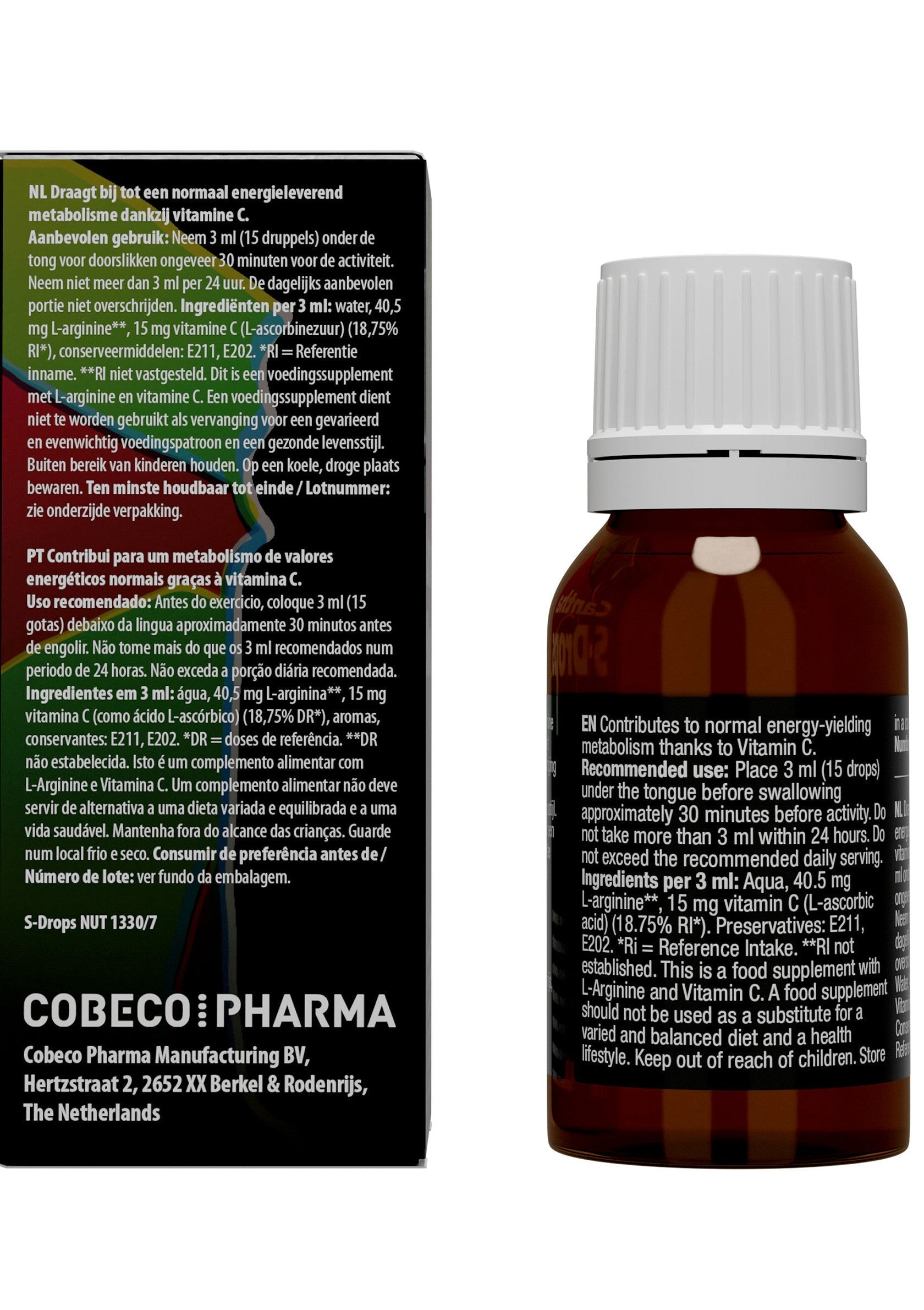 Cobeco Pharma 5-Drops Vitamine C pour l'énergie. Complément alimentaire avec L-Arginine. Achetez maintenant !; Cobeco Pharma 5-Drops Vitamine C voor energie. Voedingssupplement met L-Arginine. Koop nu!; Cobeco Pharma 5-Drops Vitamin C for energy. Food supplement with L-Arginine. Buy now!