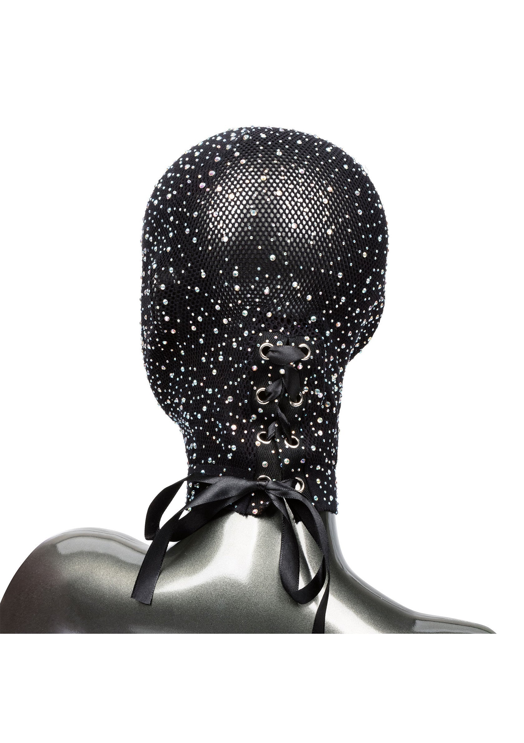 Cagoule noire en résille ornée de strass avec lacets, accessoire de mode original et tendance.; Zwarte mesh bivakmuts versierd met strass steentjes en veters, een origineel en trendy modeaccessoire.; Black mesh balaclava adorned with rhinestones and laces, an original and trendy fashion accessory.