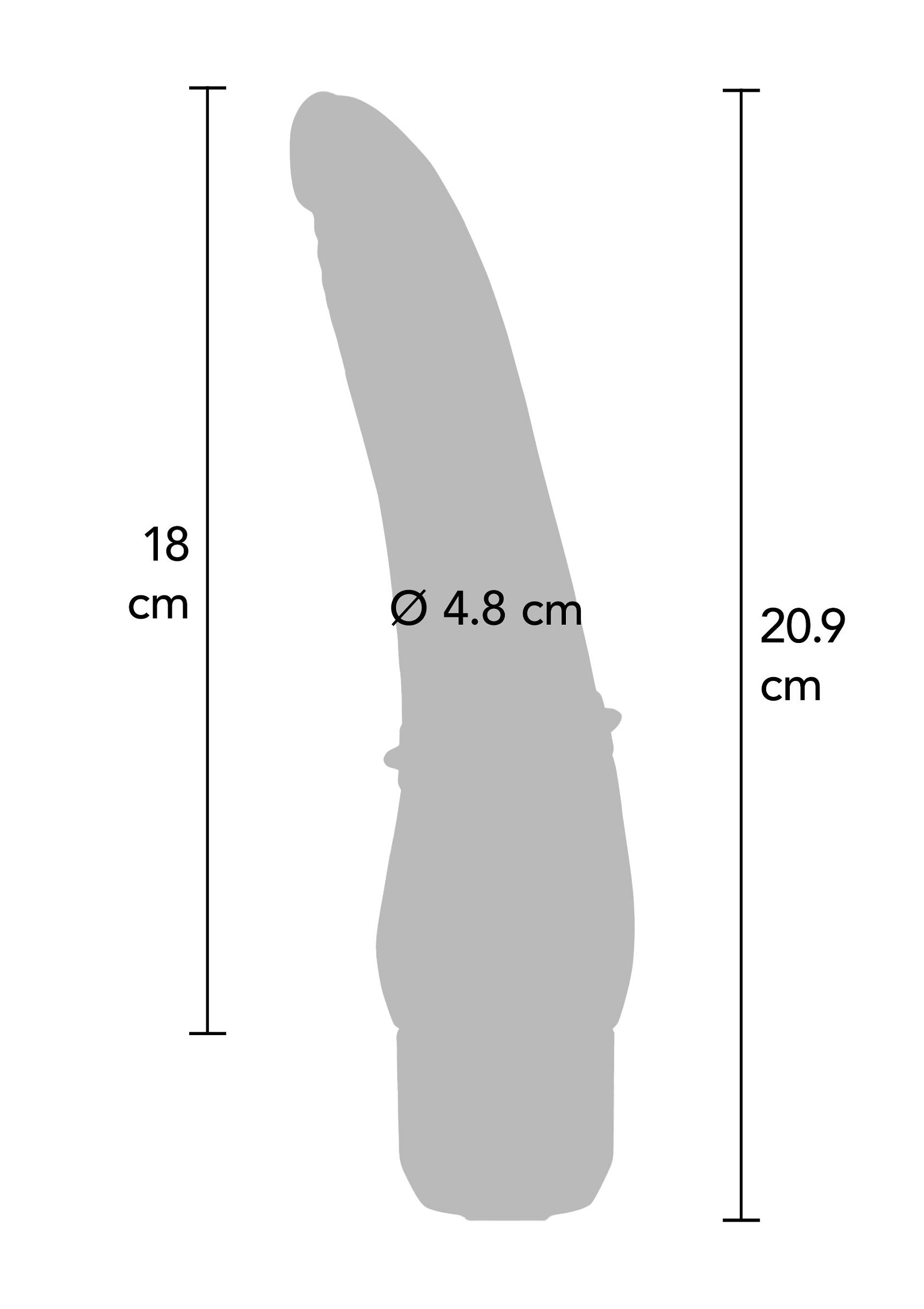 Diagramme d'un sextoy incurvé avec des dimensions indiquées. Idéal pour comprendre la taille et la forme avant l'achat.; Diagram van een gebogen seksspeeltje met afmetingen aangegeven. Ideaal om de grootte en vorm te begrijpen voor aankoop.; Diagram of a curved sex toy with dimensions shown. Ideal for understanding size and shape before purchase.