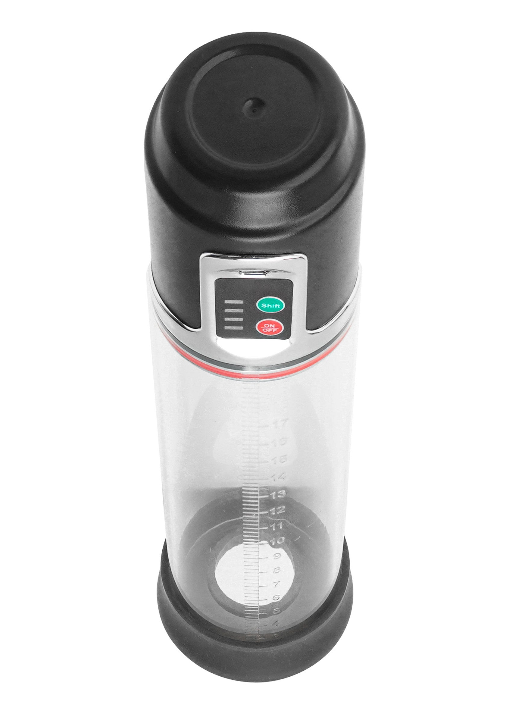 Pompe à pénis électrique avec cylindre transparent gradué. Pour plus de plaisir et de confiance en soi.; Elektrische penispomp met transparante maatcilinder. Voor meer plezier en zelfvertrouwen.; Electric penis pump with clear measuring cylinder. For more pleasure and self-confidence.