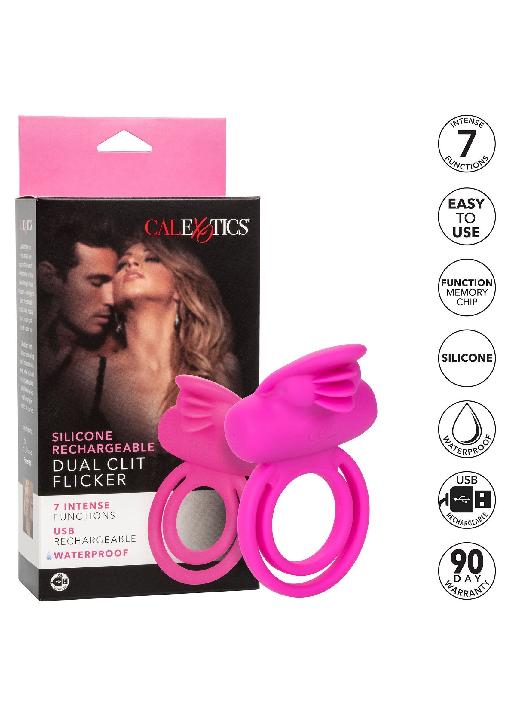 CalExotics Dual Clit Flicker : stimulateur clitoridien double, rechargeable par USB, 7 fonctions, en silicone rose. ; CalExotics Dual Clit Flicker: dubbele clitorisstimulator, USB oplaadbaar, 7 functies, van roze silicone.; CalExotics Dual Clit Flicker: dual clitoral stimulator, USB rechargeable, 7 functions, made of pink silicone.