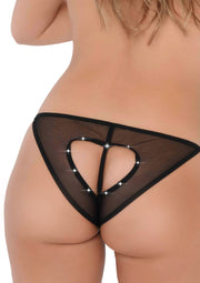 Culotte noire en tulle avec découpe en forme de cœur et détails scintillants. Lingerie séduisante pour une touche de glamour.; Zwarte tule slip met hartvormige uitsparing en fonkelende details. Verleidelijk lingerie voor een glamoureuze touch.; Black tulle panty with heart cutout and sparkly details. Seductive lingerie for a glamorous touch.
